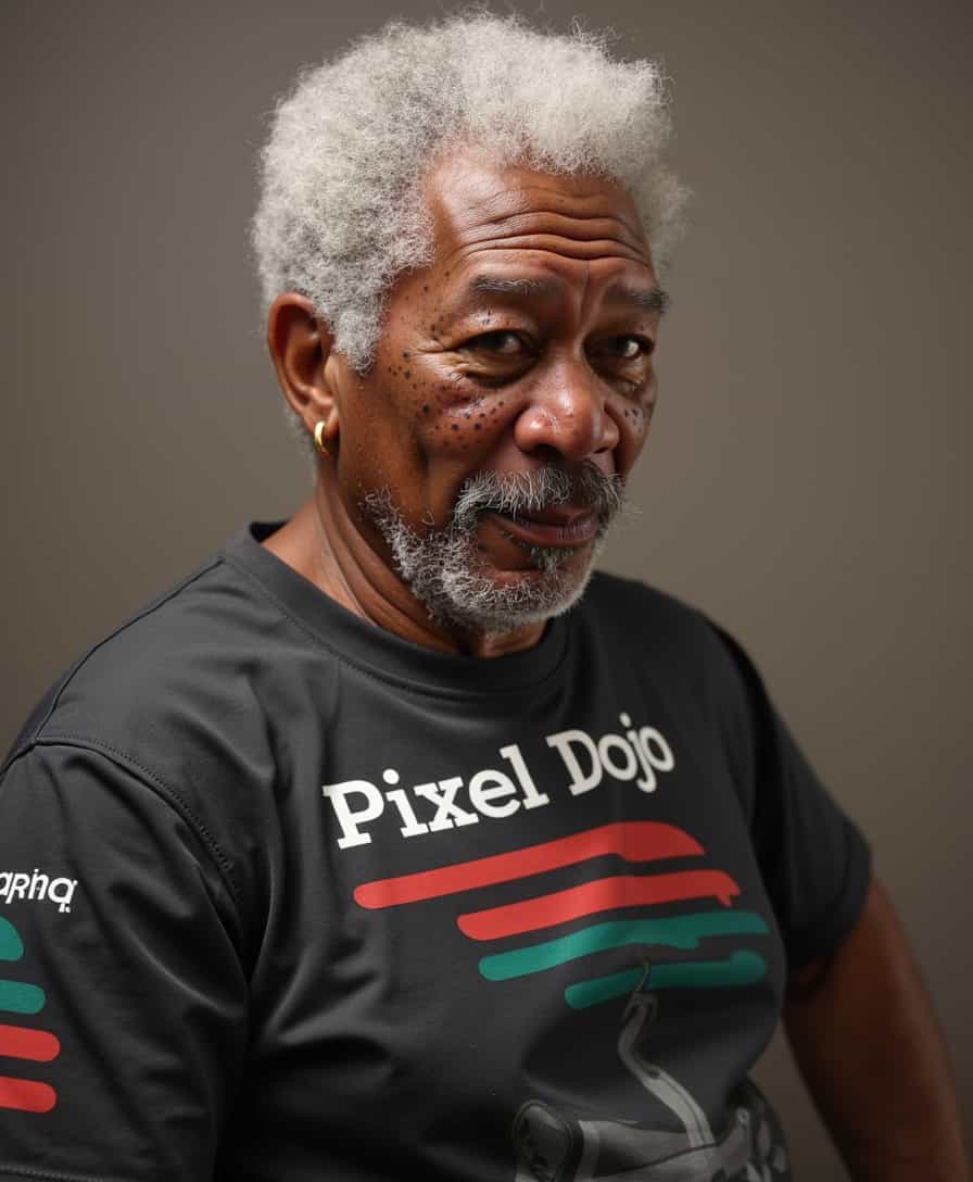 A CLOSE UP OF MORGAN FREEMAN, wearing a shirt that says "Pixel Dojo"