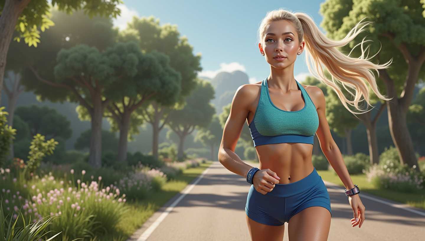 3D,  21yo woman, slim body, jogging,, long blond hair, ponytail, sports bra, tight shorts, summer day, sun light, outdoor