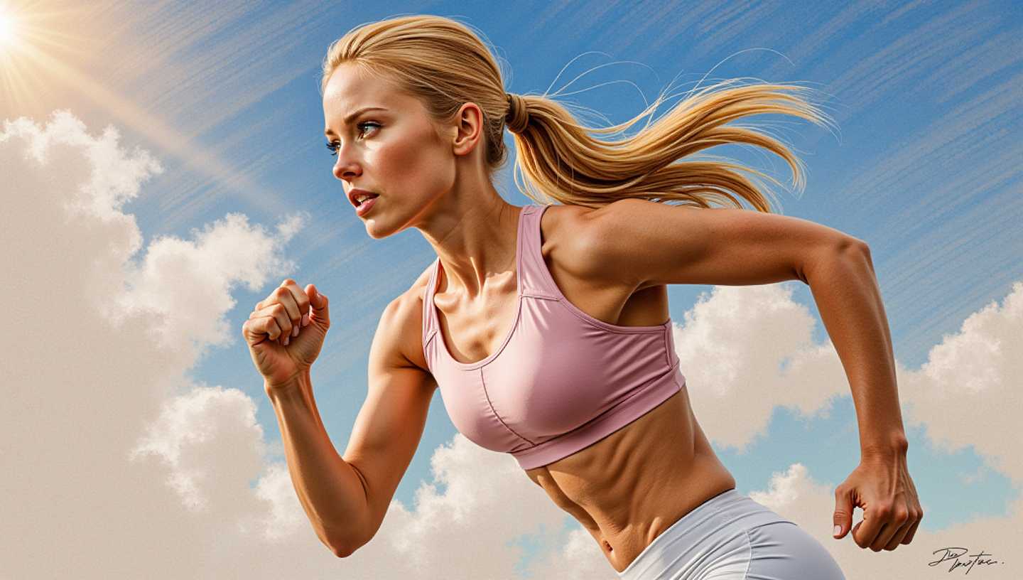 Color Sketch,  21yo woman, slim body, jogging,, long blond hair, ponytail, sports bra, tight shorts, summer day, sun light, outdoor