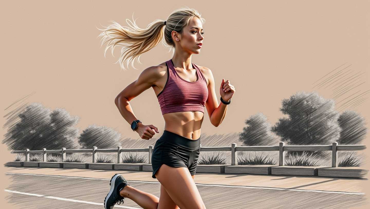 Color Sketch,  21yo woman, slim body, jogging,, long blond hair, ponytail, sports bra, tight shorts, summer day, sun light, outdoor