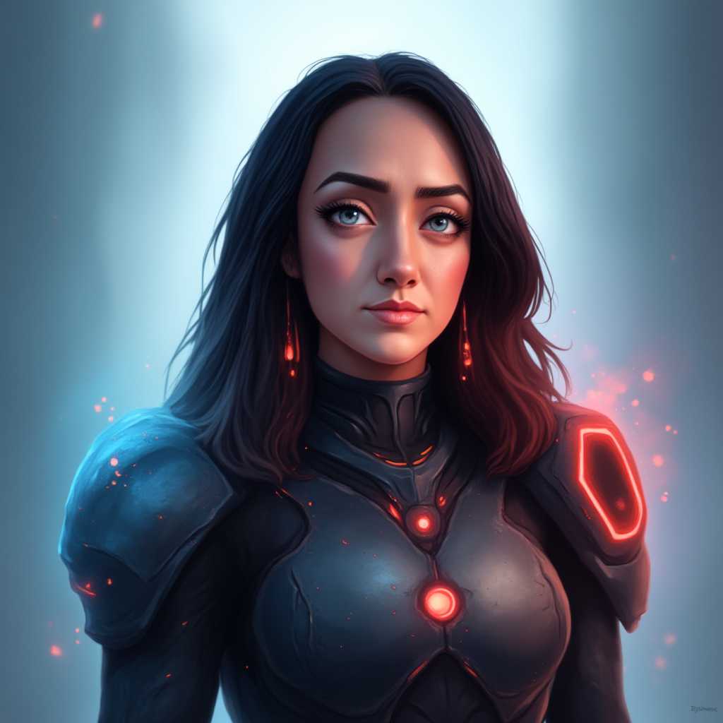 Portrait of a Female Warrior in HighTech Armor with Blue and Red Glows