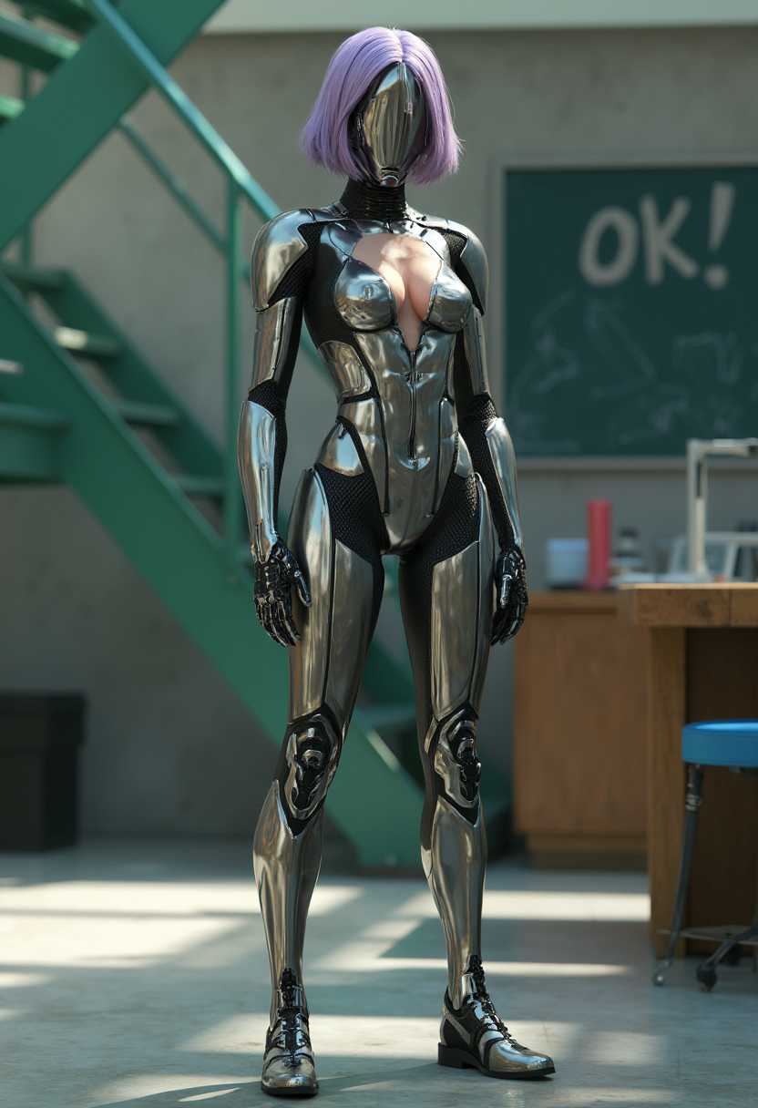 Create a 3D rendered character with the following specifications1. Female humanoid figure with a cybernetic body.2. The cybernetic body should have a shiny, metallic finish in silver and black.3. The figure should have a humanoid torso with a fitted bodysuit that covers the chest, arms, and waist.4. The bodysuit should have a lowcut neckline and a thighhigh slit on the legs.5. The figure should wear a pair of thighhigh boots with a shiny metallic finish.6. The figure should have short, purple hair.7. The figure should have a humanoid head with a visorlike helmet that covers the eyes.8. The figure should have a humanoid face with a neutral expression.9. The figure should be standing in an industrial or laboratory setting.10. The background should include a green metal staircase, a blackboard with the text OK!, a wooden table, and a blue chair.11. The figure should be positioned in front of the blackboard, facing towards the camera.12. The lighting in the scene should be bright and natural, casting soft shadows on the floor and objects.13. The overall mood of the scene should be futuristic and sleek.