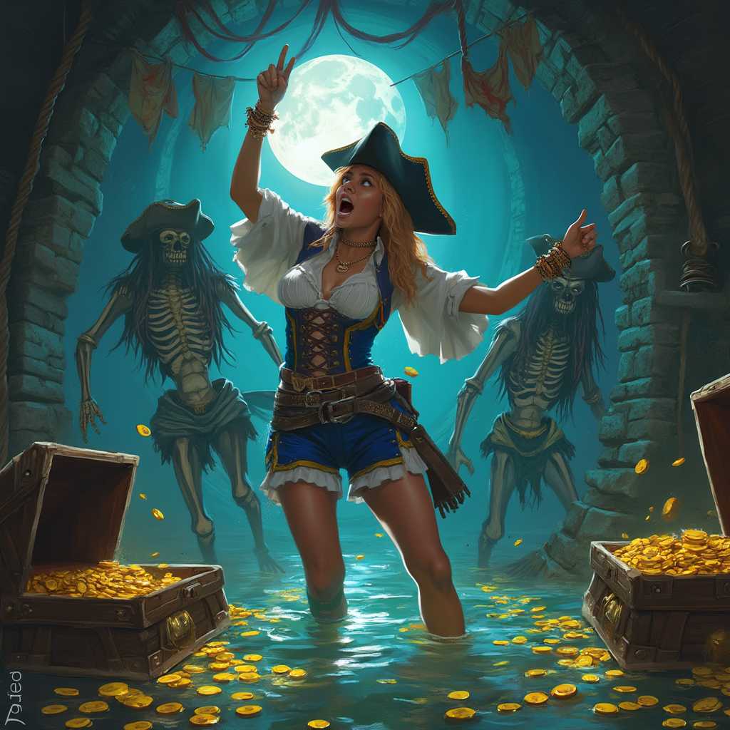 Create a scene with a central female pirate character in a dynamic pose, her arms raised and her mouth open as if shouting. She is wearing a detailed pirate costume, including a tricorn hat with a skull and crossbones, a blue and white corset with gold trim, and a pair of blue shorts with a gold belt. Her attire is accessorized with multiple gold bracelets, rings, and a necklace. The pirate is standing in a sunken treasure room filled with water and chests of gold coins. The chests are scattered around her, with some partially submerged. The water is a deep blue, and the coins are shining with a golden hue. In the background, there are two skeletal figures with dreadlocks, appearing to be zombies or undead pirates, floating in the water. They are wearing pirate hats and have a menacing expression. The walls of the room are made of stone, and there are ropes hanging from the ceiling, with pirate flags attached to them. The light in the room is dim, with a full moon visible through the entrance, casting a glow on the scene. The overall atmosphere is one of adventure, danger, and the allure of buried treasure.