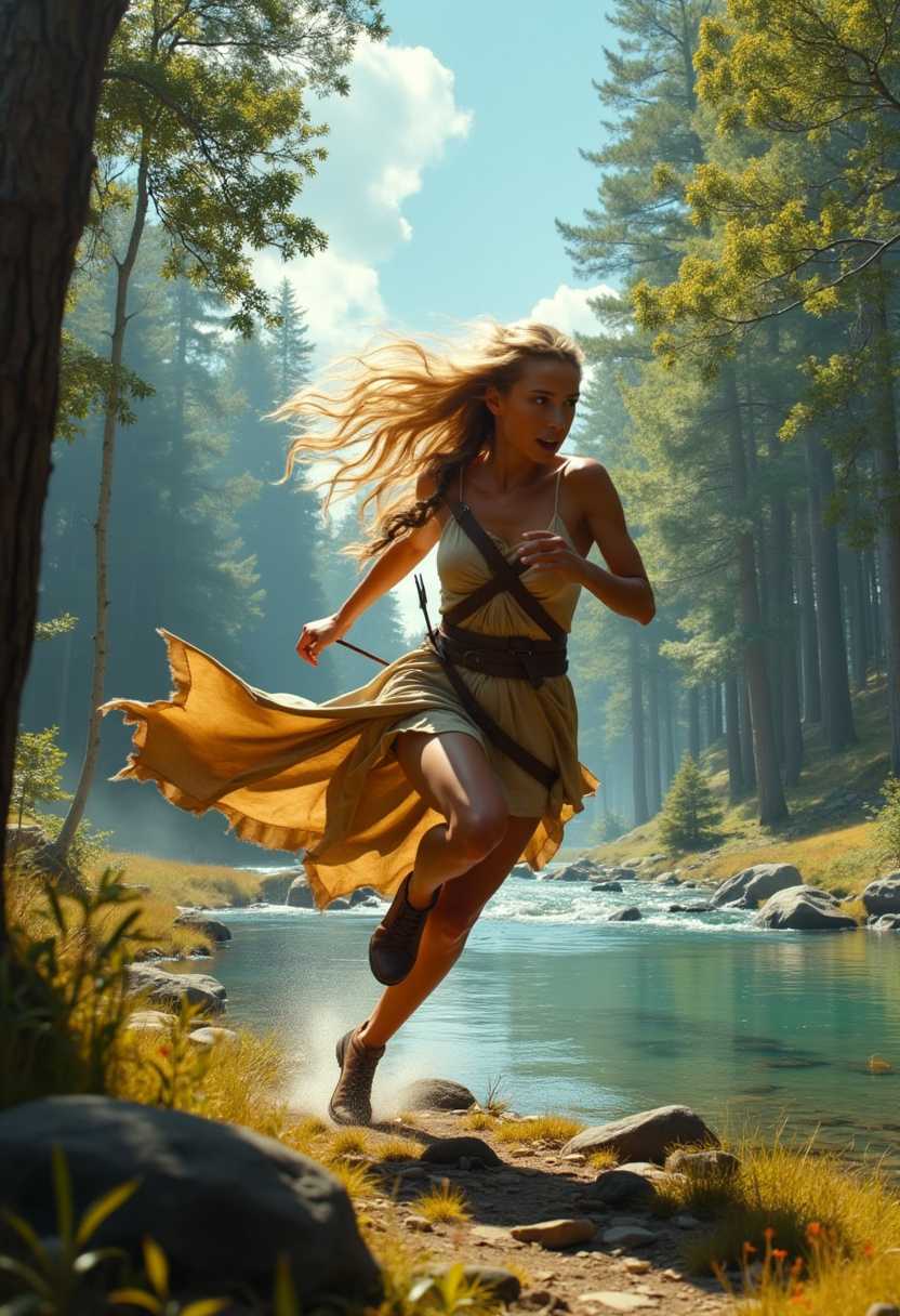 A stunning photorealistic capture of a dynamic scene unfolds with a blonde woman in mid-sprint, her body demonstrating a perfect example of motion and tension. She dons a loosely tied, beige dress crafted from animal hide, which flows dramatically with her swift movement, each fold catching the air. Her long hair trails behind her, windswept and wild, imbued with a sense of urgency. Slightly visible, two arrows are lodged in her back and thigh, hinting at the perilous situation she might be escaping from. 

The environment envelops her in a serene, sunlit forest setting, bathed in the warm glow of a clear blue sky that forms the rich backdrop. Tall, lush green trees tower with thick canopies, interspersed with splashes of yellow foliage, suggesting the transition between late summer and early autumn. Below, the tranquil expanse of a meandering river reflects the panorama, with its waters painted in a soothing blue-green hue. The forest floor, a natural mosaic, is covered in lush grass interspersed with rugged rocks, further enhancing the scene's authenticity.

The scene is illuminated with soft, natural light, casting delicate shadows that dance across her form and the landscape, amplifying the depth and realism. The overall atmosphere blends