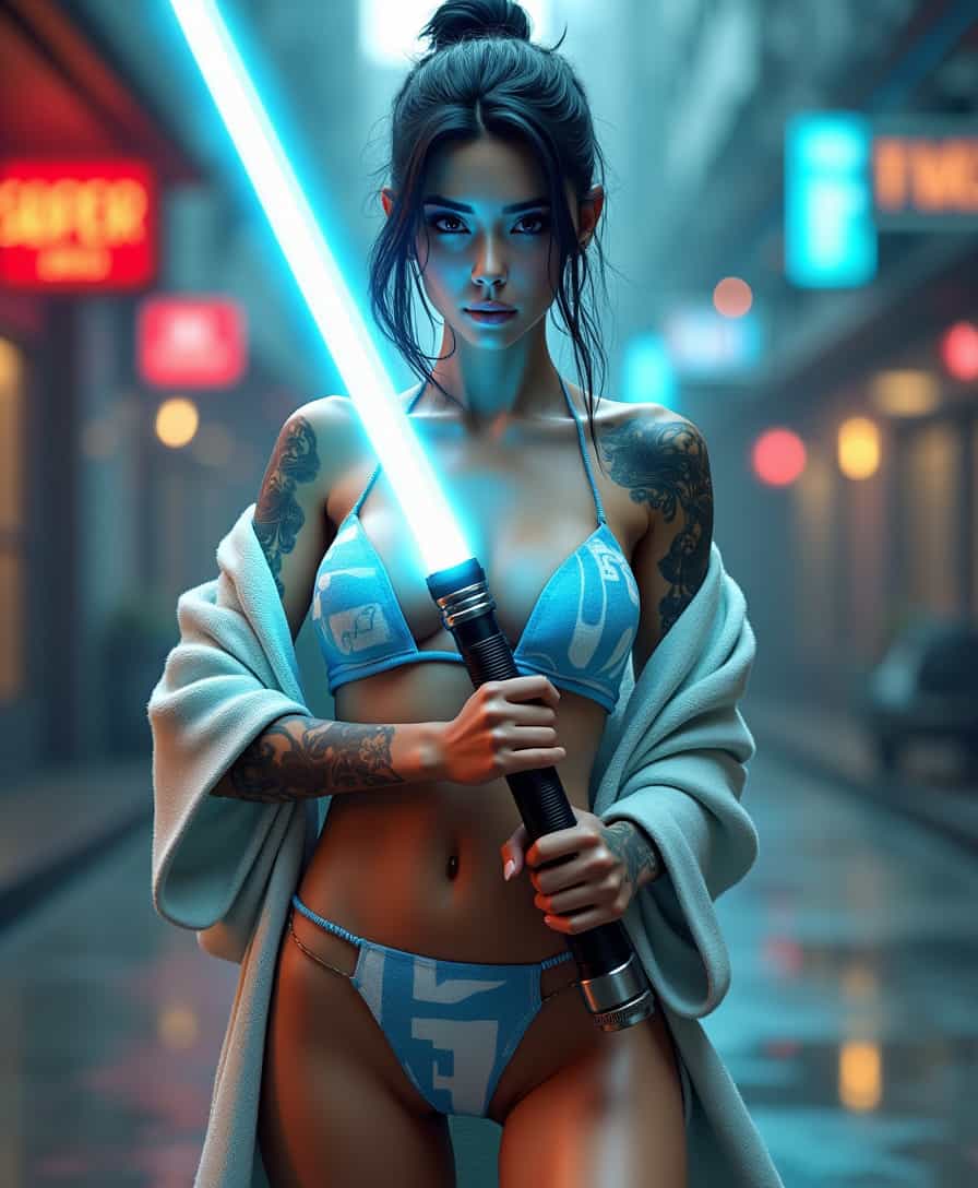 This image is a digital artwork that captures a figure in a dynamic pose, holding a glowing lightsaber. The dium appears to be a computer-generated 3D model, which is evident from the smooth surfaces and the way light interacts with the figures skin and clothing. The textures are also very detailed, with the clothing appearing to be made of a soft, flowing bikini fabric. The colors in the image are vibrant and rich, with a predominance of cool blues and whites that give the scene a futuristic and somewhat clinical feel. The figures skin is a warm, natural tone, providing a contrast to the cool colors of the lightsaber and the surrounding environment. The red and orange hues in the background add a pop of color and a sense of warmth to the scene.The objects in the image are the figure, a lightsaber, and the blurred background elements. The figure is the focal point, dressed in a white tiny bikini with blue and white patterns, which is reminiscent of a Jedi costume. The robe flows around the figure, giving the impression of movement. The figures face is obscured, but the intense gaze and the poised stance suggest a sense of determination and readiness. The figures tattoos are intricate and detailed, covering the arms and neck, adding to the overall dramatic effect of the image.The lightsaber is a central element, emitting a bright white light that cuts across the scene, drawing the viewers eye. The design of the lightsaber is modern and sleek, with a black and metallic handle that contrasts with the white blade.The blurred background elements are indistinct but suggest a modern, urban setting with neon signs and a sense of activity, which adds to the overall atmosphere of the scene.