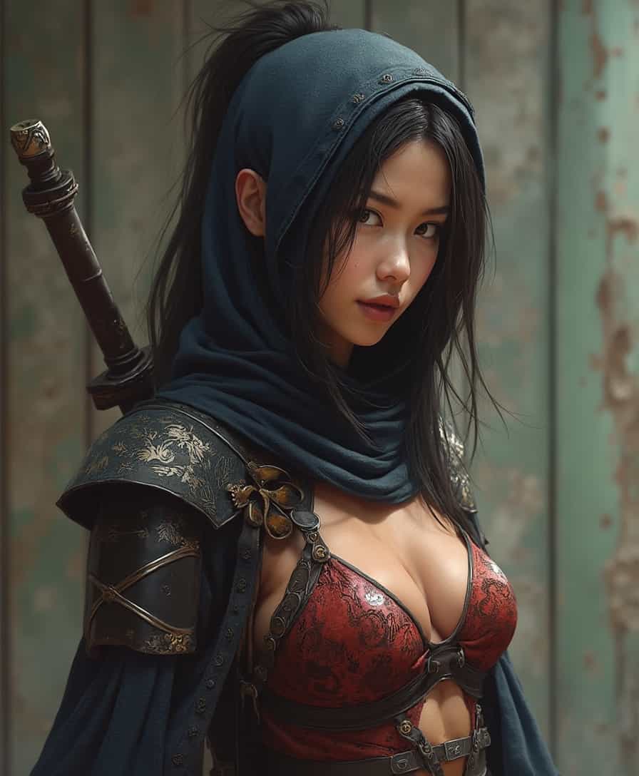 photorealistic, intrinsic details, female ninja, bikini armor