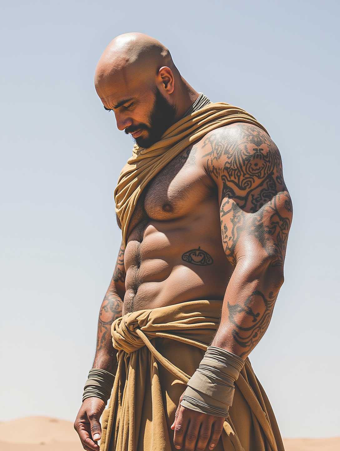 suggesting a desert environment. The lighting is bright and harsh, casting sharp shadows and highlighting the textures of the costume and the figures skin. The sky is a clear, pale blue, which contrasts with the warm tones of the desert and the figures costume.Overall, the image conveys a strong sense of character and narrative, with the figures costume and tattoos hinting at a backstory filled with struggle and resilience. The cinematic art style and the attention to detail in the costume and the figures posture contribute to the overall impact of the image, making it feel both immersive and thoughtprovoking.anime character