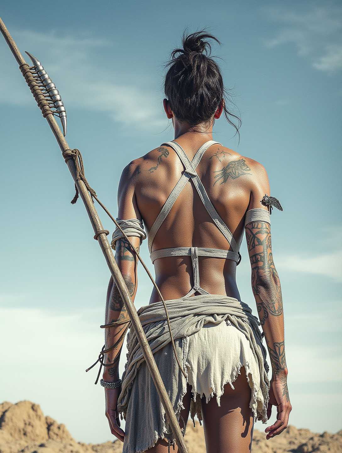 suggesting a desert environment. The lighting is bright and harsh, casting sharp shadows and highlighting the textures of the costume and the figures skin. The sky is a clear, pale blue, which contrasts with the warm tones of the desert and the figures costume.Overall, the image conveys a strong sense of character and narrative, with the figures costume and tattoos hinting at a backstory filled with struggle and resilience. The cinematic art style and the attention to detail in the costume and the figures posture contribute to the overall impact of the image, making it feel both immersive and thoughtprovoking.anime character