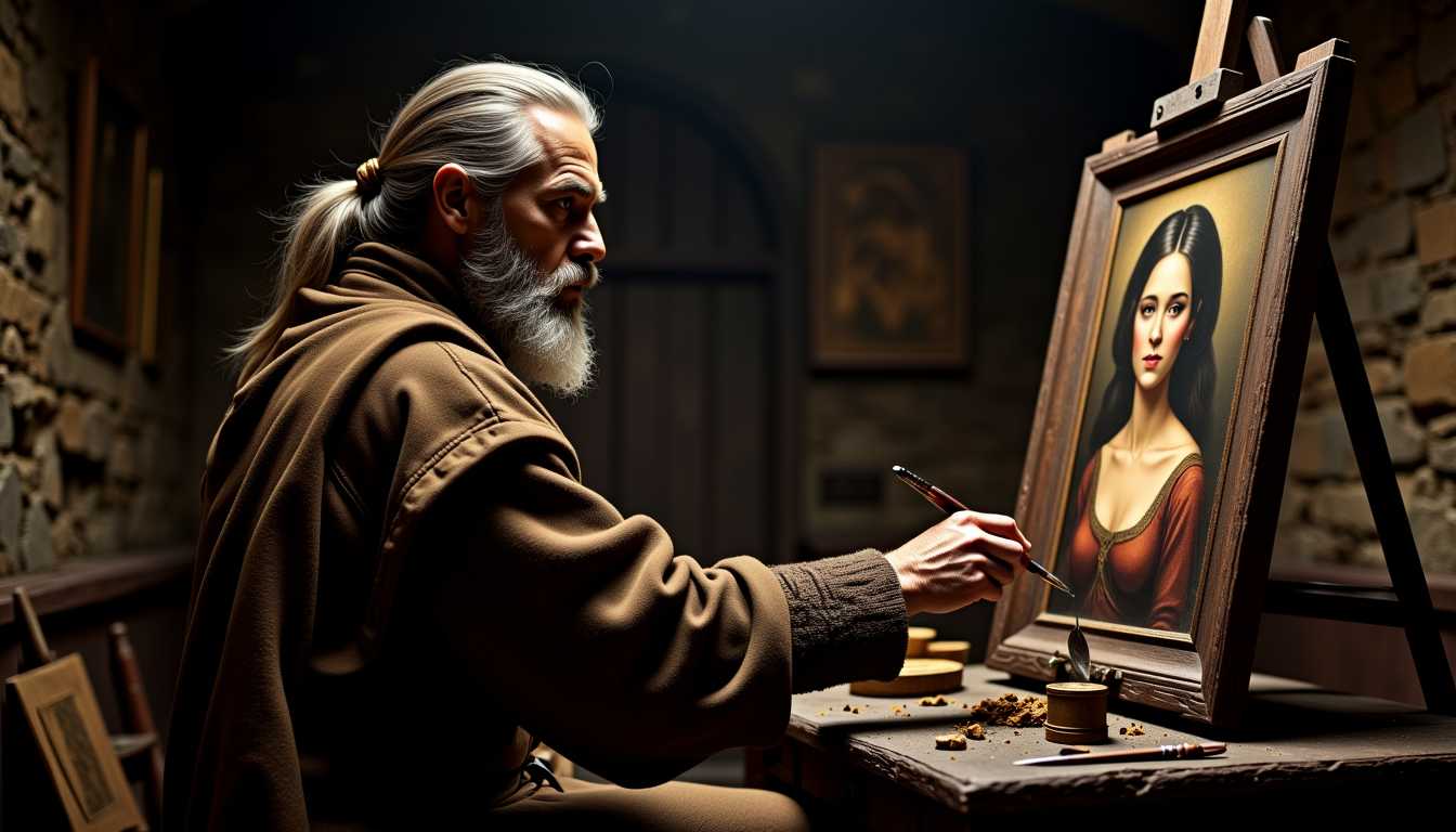 mdvlCE, A master artist painting at his easel (grey hair and beard), standing before his easel. Dressed in ancient robes. Painting a beautiful portrait for a woman. Intrinsic details, high resolution, Atmospheric, moody, rustic. Dark. mdvlCE
