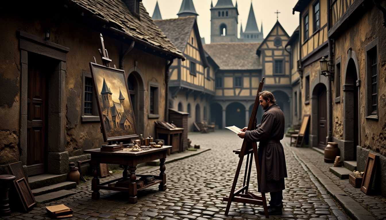 An Artist at Work in a Medieval European Street