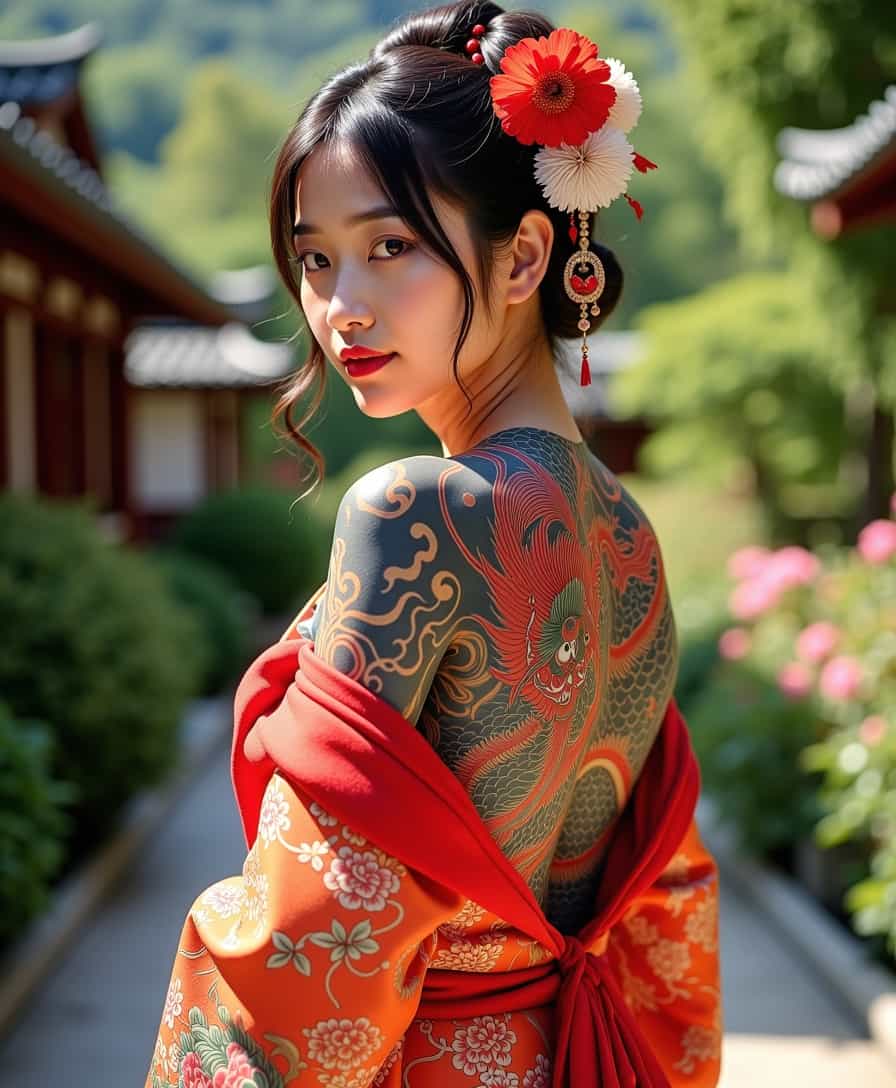 full traditional Japanese back tattoo, A beautiful young woman elegantly wearing a flowing kimono with a full traditional Japanese back tattoo depicting a majestic dragon, captured in a dynamic three-quarter view. The bright colors of the tattoo contrast with the fabric, showcasing the artistry. Gentle sunlight highlights her serene expression against a tranquil garden backdrop 
