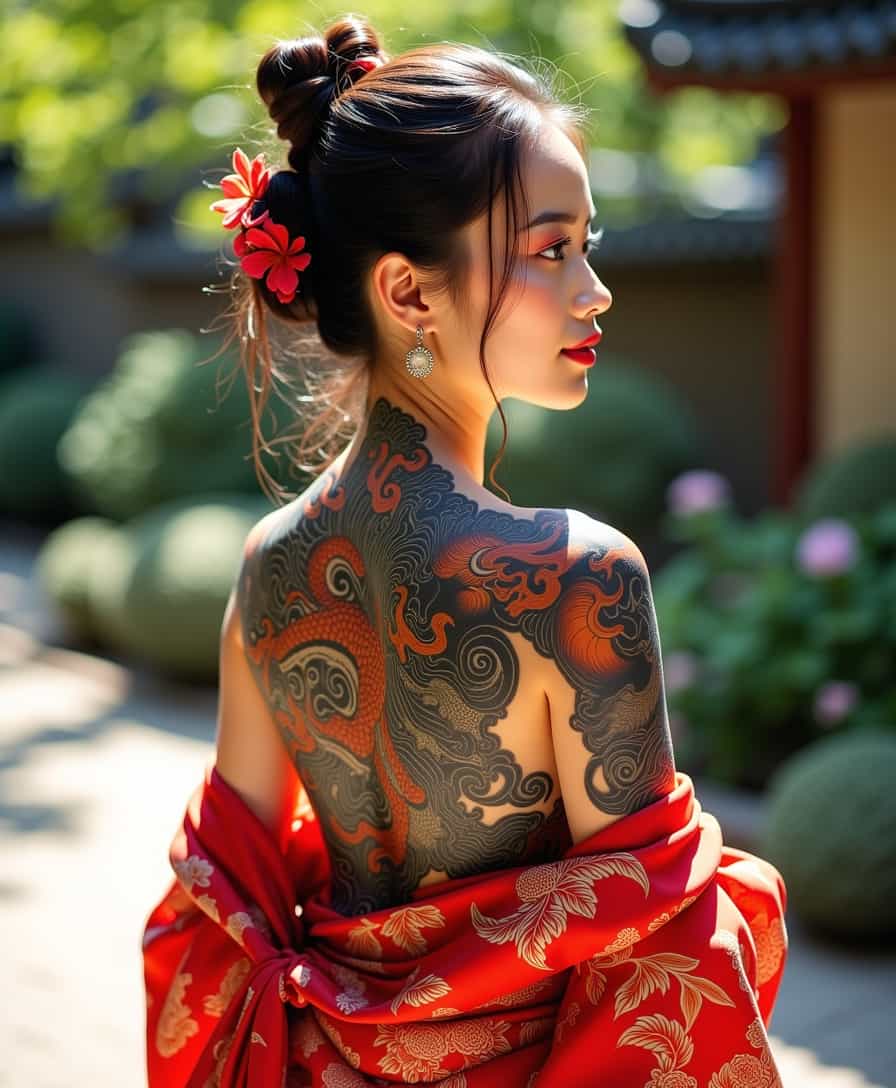 full traditional Japanese back tattoo, A beautiful young woman elegantly wearing a flowing kimono with a full traditional Japanese back tattoo depicting a majestic dragon, captured in a dynamic three-quarter view. The bright colors of the tattoo contrast with the fabric, showcasing the artistry. Gentle sunlight highlights her serene expression against a tranquil garden backdrop 