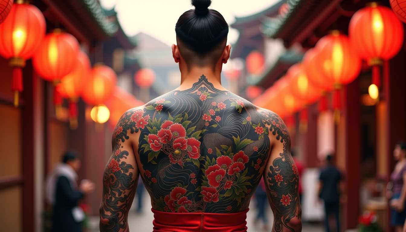 full traditional Japanese back tattoo, A powerful depiction of a beautiful young muscled man showcasing his full traditional Japanese back tattoo, standing amidst traditional lanterns during a festival. A wide-angle shot revealing the intricate details of the tattoo as well as festive decorations, with warm lights creating a magical atmosphere. An oil painting enriched with deep colors and glowing highlights, encapsulating the festive spirit 