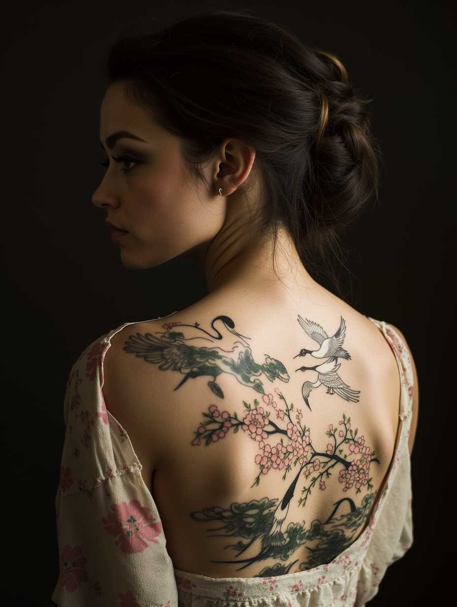 A striking young woman with a full traditional Japanese back tattoo featuring waves and cranes, posed side-on in a medium shot. The detailed artistry of the tattoo is emphasized by the shadows that dance across her back. Soft ambient light highlights the vivid colors and intricate designs surrounded by blossoming sakura trees