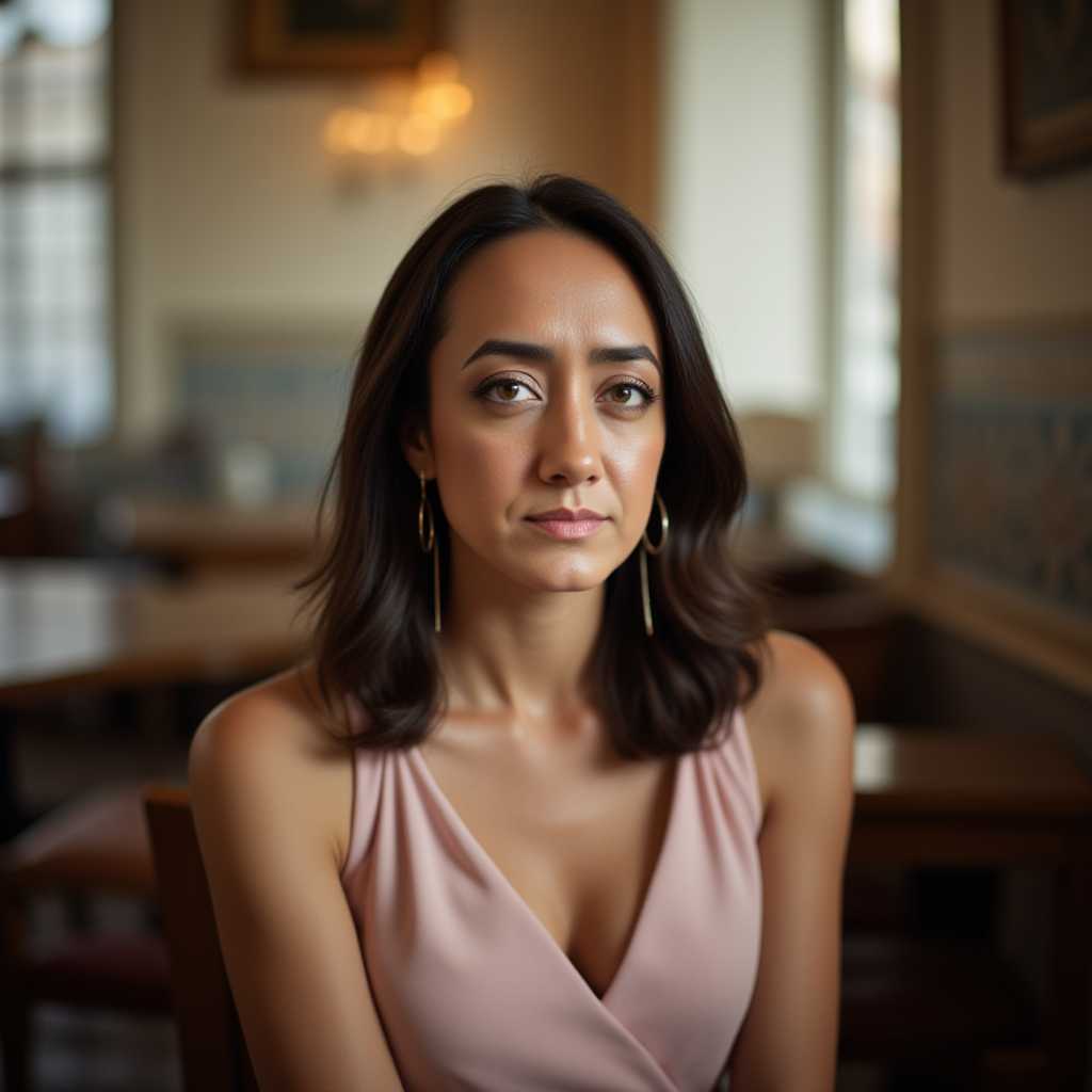 **Prompt**: A captivating portrait photo of a woman seated in an elegant Lisbon café, captured with a shallow depth of field to accentuate her serene expression and the intricate details of her surroundings. The woman, of Iberian descent, has shoulder-length dark, wavy hair that frames her face, her eyes conveying a sense of quiet contemplation. She wears a chic, pastel-colored dress that contrasts subtly with the café’s vintage decor, which includes ornate tile patterns and rich wooden furnishings. The mid-morning light streams through large windows, casting soft, warm shadows that enhance the cozy ambiance. The café is bustling with activity, yet the focus remains on the woman, sitting at a small table by the window, sipping an espresso. Capture this scene using a sharp, high-resolution lens, imbuing the image with an intimate, candid feel typical of modern lifestyle photography. The mood is peaceful and inviting, evoking the charm and cultural richness of Lisbon.