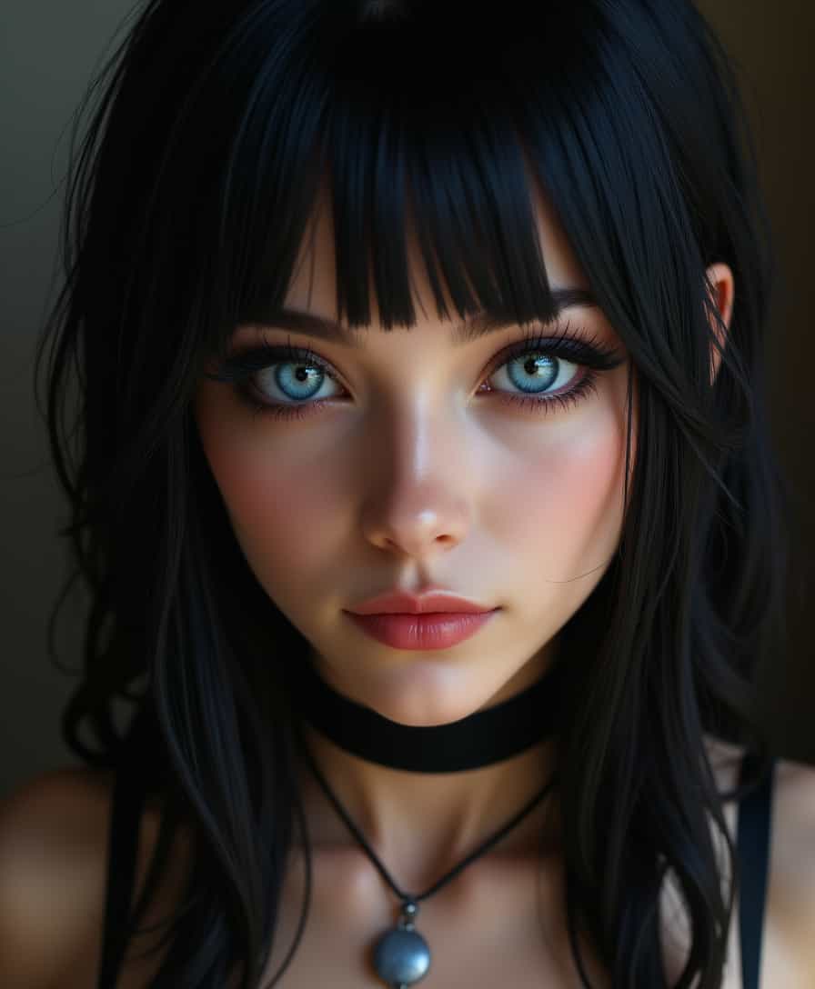AliWeird, (photorealistic:1.2), intrinsic detailed skin texture, skin pores, raw lighting, overexposed, harsh flash,,,masterpiece, ultra-realistic 8k, (best quality), highly detail, sharp, detailed,higher resolution textures, 4k graphic resolution,  1girl, solo,beautiful girl, perfect eyes, sexy, cute face,pose,seductive pose, goth girl,blue eyes,oily skin,shiny skin, black hair hime cut, nude, nipples,