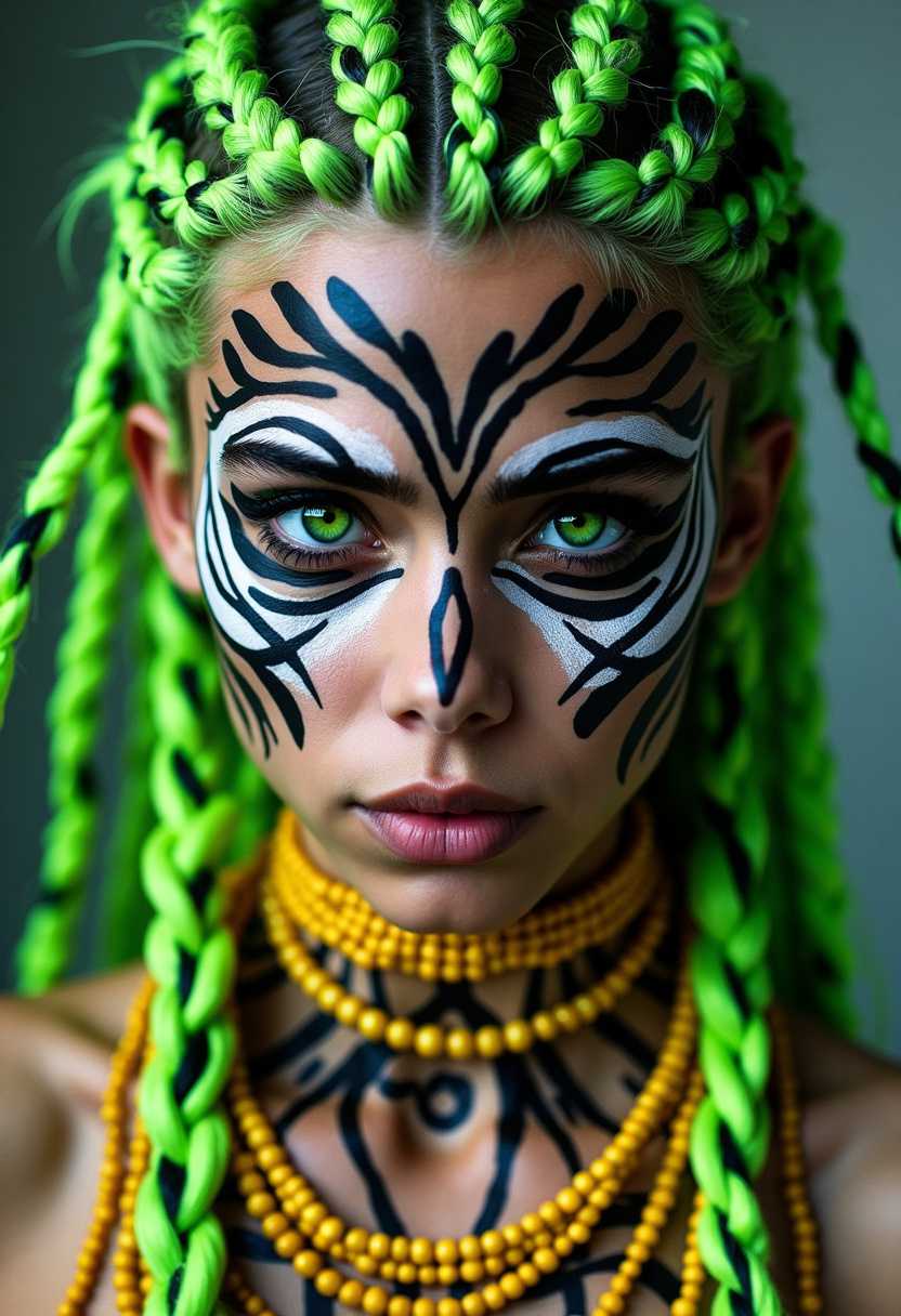 This image features a closeup of a persons face and upper neck, adorned with intricate and vibrant details that suggest a fusion of tribal and contemporary art styles. The persons hair is styled into elaborate, neon green braids that cascade down the back, with the ends of the braids appearing to be tipped with black or dark green. The hairs texture and the way it reflects light give it a threedimensional quality.The persons face is painted with a symmetrical black and white design that resembles traditional tribal face paint, with patterns that could be interpreted as stylized animal markings or geometric shapes. The paint is applied in a way that creates a stark contrast against the skin, with the black lines sharply outlining the white areas, and the white areas providing a canvas for the black designs. The eyes are particularly striking, with a greenish hue that stands out against the black and white face paint.Around the neck, the person is wearing a multistrand necklace made of yellow beads, which adds a pop of color to the overall palette of the image. The necklaces beads vary in size and are strung in an alternating pattern, giving it a dynamic and textured appearance. The persons skin is also visible, and it appears to be painted with a similar black and white design to the face, continuing the tribal theme.The medium of the image is not immediately clear, but it appears to be a digital creation, given the smoothness of the colors and the lack of texture that one might expect from a physical medium like paint or ink. The lighting in the image is soft and diffused, casting gentle shadows that give depth to the subjects features and the objects in the image.The overall art style of the image is one of fantasy or surrealism, as it combines elements of traditional tribal art with modern digital aesthetics and vibrant, neon colors. The image exudes a sense of creativity, playfulness, and cultural expression.
