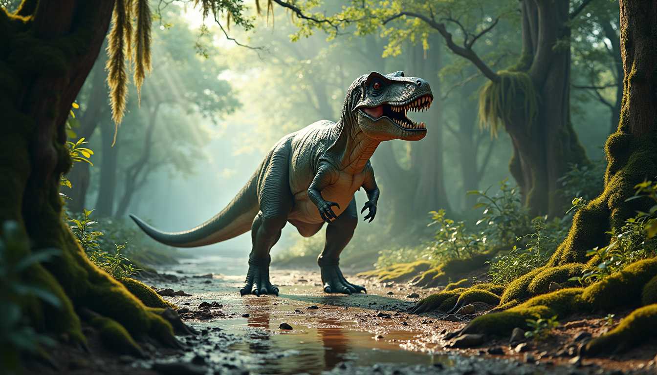 Title: "Solitary Tyrannosaurus in a Mystical Forest"

Prompt: In a fantastical forest setting, a majestic and fierce Tyrannosaurus Rex roams alone, commanding the landscape with its awe-inspiring presence. The dense forest surrounds it with towering ancient trees draped in verdant moss, their branches stretching high into a misty canopy. Dappled sunlight filters through the leaves, casting ethereal patterns on the forest floor. The T-Rex moves with powerful grace, its footsteps leaving deep imprints in the wet, glistening mud, narrating its solitary journey through this otherworldly realm. The air is thick with humidity, enhancing the ancient, enchanted atmosphere. The dinosaur's scales glisten under the soft light, revealing a textured, leathery appearance in hues of mottled green and brown. The scene is captured from a low angle to highlight the dinosaur's colossal size and dominance in this serene, yet wild landscape. Photorealistic render with HDR lighting to capture the intricate details of the textures and the sacred ambiance of the scene.