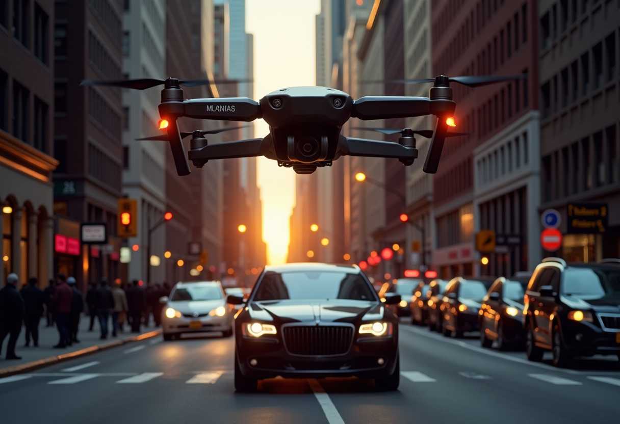 create an photo of a military explosive drone flying above a city street, with a limousine below on the city street. background Wallstreet NYC