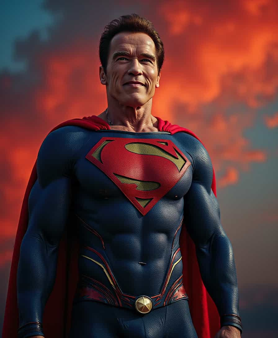 a photo of ARNOLD,  looking at camera, ARNOLD superman, Masterpiece, photo, perfect, Hyperrealistic, concept art, Wide angle shot , intricately detailed, color depth, dramatic, colorful background