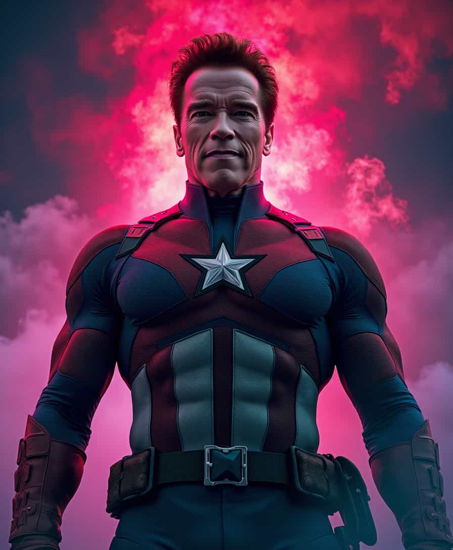a photo of ARNOLD,  looking at camera, ARNOLD Captain America, Masterpiece, photo, perfect, Hyperrealistic, concept art, Wide angle shot , intricately detailed, color depth, dramatic, colorful background