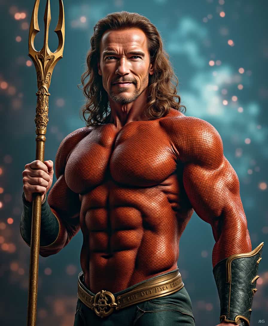 a photo of ARNOLD,  looking at camera, ARNOLD dress as Aquaman, holding a trident, Masterpiece, photo, perfect, Hyperrealistic, concept art, Wide angle shot , intricately detailed, color depth, dramatic, colorful background