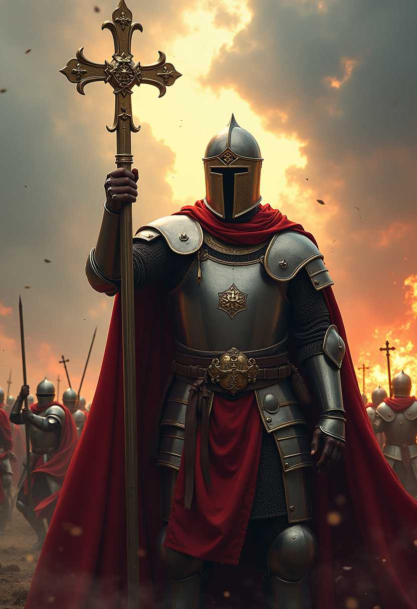 A Byzantine soldier, fully armored with a shining helmet that hides his face, stands strong in the midst of a chaotic battlefield. In his hand, he holds an Orthodox cross high, the light reflecting off both his helmet and the cross. Around him, the sounds of clashing swords and the cries of battle fill the air, but he remains steady, his faith unwavering. Epic cinematic colors, dramatic lighting, vibrant textures of the armor, helmet, and battlefield. Majestic 8K manga pop art style, highly detailed, 8K realism, full body shot.