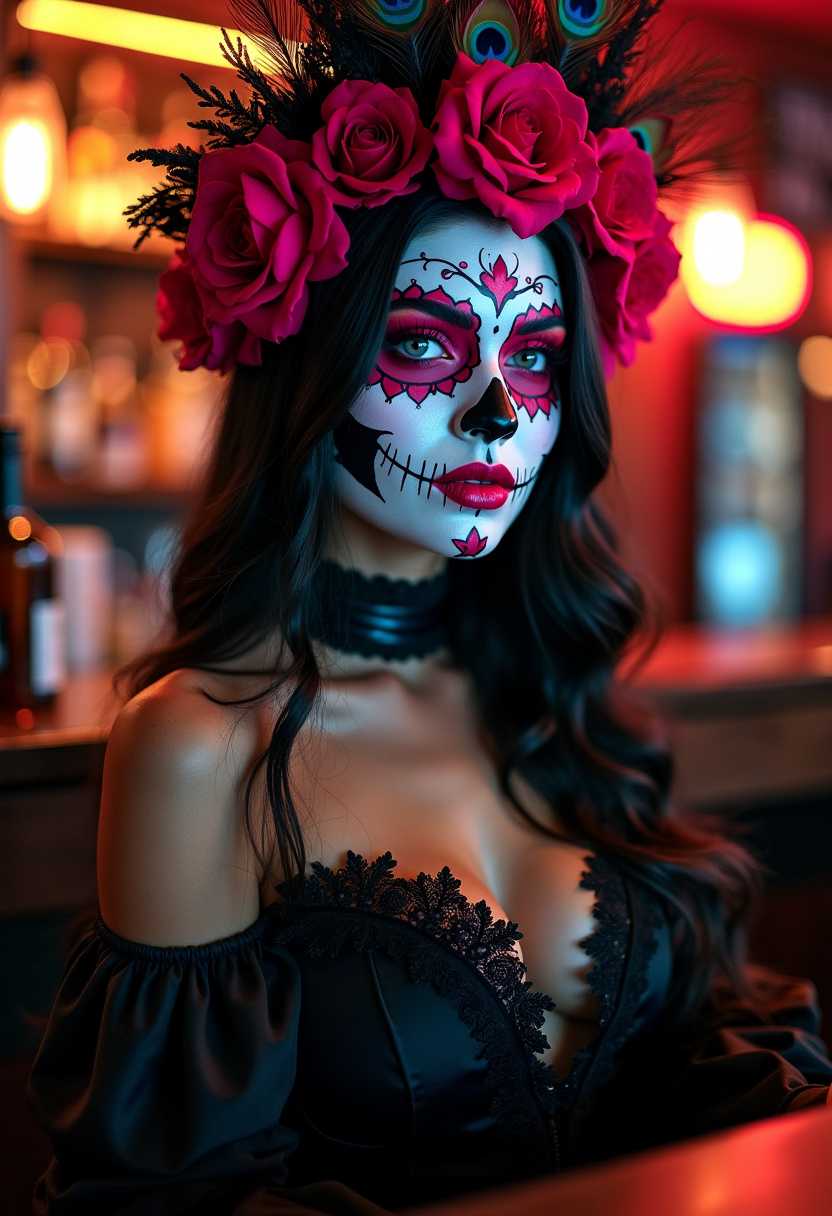 full body Cinematic photo of a beautiful 35 years old women, with a slightly tanned skin, with a long black hair and a penetrating look on her eyes, her eyes are deep blue. She is in a bar at a Halloween party. She decided to display her beauty to the fullest with a bold makeup with radiant pink lipstick. Her name is Mariana and She attended the party dressed as catrina. Her face is painted as calavera catrina with a hollowed-out eyes that gives an skeletal look and a makeup of a stitched mouth that resembles stiched seams, the overall effect is both eerie and elegant, the skin on her face is with white foundation and extremely pale makeup, the white makeup contrast with vibrant colors adding flowers petals around the hollowed-out eye, a heart shape and geometric patterns on the forehead and cheeks, her nose paint with a black triangle on the tip of the nose to emulate the skull’s nose hole, her lips are bright pink with a draw of stitched mouth with vertical lines across her lips, on her head she wears flowers and a big and beautiful feathers like a peacock, she is wearing a beautiful and elegant black dress in a Victorian-style. By her side on top of the bar there is a long black bottle. Surrealism, fascinating and intriguing mood, Rembrandt lighting, shot with Nikon 850D