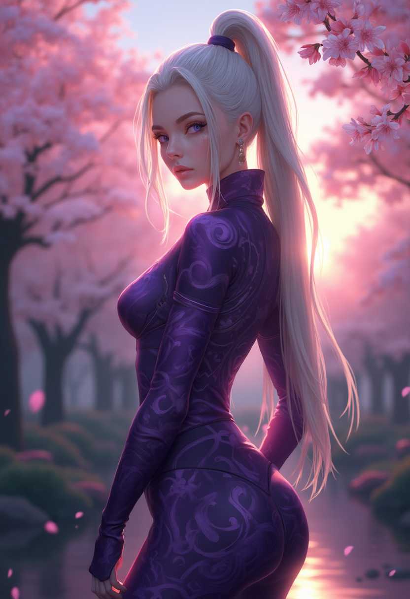 In a captivating portrait, present Ino from the Naruto series, embodying a gorgeous and alluring presence as a skilled ninja. Her distinctive costume features a sleek and form-fitting design, accentuating her figure with intricate patterns reminiscent of traditional Japanese motifs in deep shades of purple and lilac. Her iconic hairstyle is a masterpiece, her long, platinum blonde hair swept into a high, elegant ponytail that flows with grace and precision, strands catching the light to create a halo effect around her.

The scene is set in a tranquil Japanese garden at dusk, where soft, ambient lighting casts a warm glow across her skin, accentuating her features with a blend of mystery and allure. The backdrop of delicate cherry blossom trees frames her perfectly, petals subtly drifting in the gentle evening breeze. The composition captures her from an eye-level perspective, allowing the viewer to engage with her confident gaze and poised stance.

The image, captured in a hyper-realistic, anime-inspired style, focuses on the intricate textures of her attire and the natural beauty of her surroundings, creating a cohesive blend of fantasy and realism. The atmosphere is one of calm intensity, as if she is preparing for a serene yet formidable presence in her ninja world.