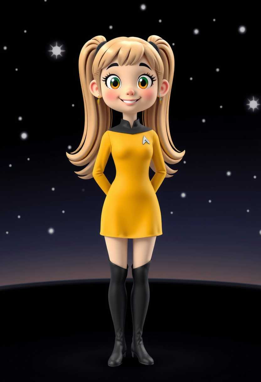  young 3d cartoon dressed in a yellow Starfleet uniform from the Star Trek franchise, which includes a short dress with a black collar and a communicator badge on the left chest. The uniform is paired with thighhigh black boots that reach just above the knee. The person has long, wavy blonde hair styled in two high ponytails, secured with black hair ties that match the boots. The background of the image is a dark, starry night sky, suggesting a space setting. The stars are depicted with varying sizes and brightness, giving a sense of depth and distance. The sky transitions from a deep navy blue at the horizon to a lighter shade of blue, resembling the night sky. The colors are vibrant and welldefined, with a focus on the contrast between the bright red of the uniform and the dark, starry background. The lighting in the image is soft and diffused, highlighting the contours of the uniform and the texture of the hair.Overall, the image captures the essence of the Star Trek universe, combining elements of space exploration with a touch of pop culture fandom.