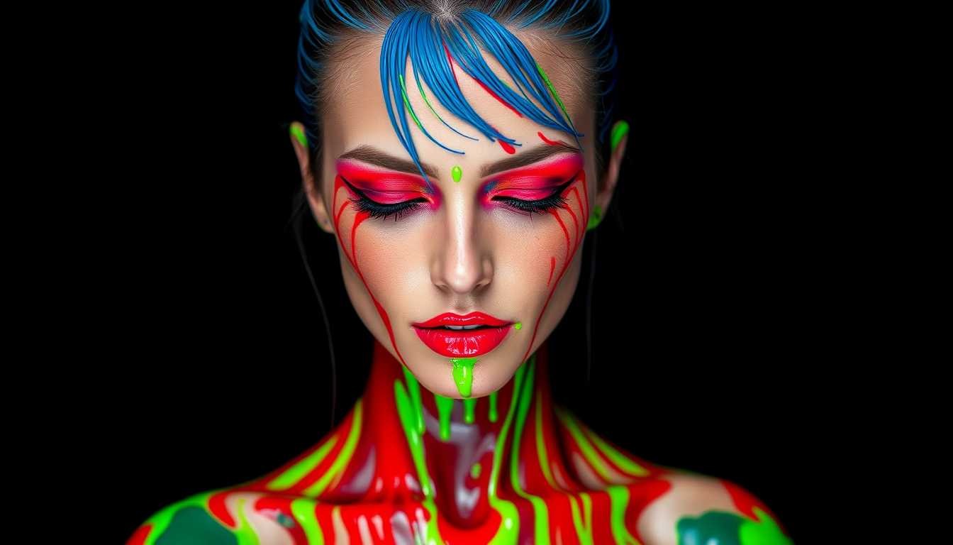 The photograph showcases a stunning woman standing in a dimly lit studio, her entire body drenched and covered in glossy, vividly colored paint. Starting from the top, her hair is slicked back, coated in a mixture of electric blue and neon green paint, creating a striking contrast against her natural hair color. Her forehead is smooth and glistening with a layer of fiery red paint that drips down to her eyebrows, which are barely visible under the thick coat of paint. Her eyes are half-closed, with a serene expression, and the paint around them is a blend of blue and green, giving her an almost ethereal look. Her nose is delicately highlighted with streaks of red and blue, while her cheeks are adorned with swirling patterns of green and red paint, accentuating her high cheekbones. Her lips are slightly parted, covered in a glossy layer of neon green paint that makes them stand out vividly against her pale skin. Her neck is slender and elegant, with paint dripping down in a cascade of colors, blending seamlessly into the paint covering her shoulders and collarbones. Her arms are extended slightly, with paint clinging to every curve and muscle, creating a mesmerizing pattern of colors. Her hands are also covered in paint, with each finger tipped in a different color, adding to the overall artistic effect. Her chest and torso are a canvas of swirling colors, with the paint accentuating the natural curves of her body. Her breasts are covered in a glossy layer of blue and red paint, with the colors blending together in a captivating display. Her abdomen is adorned with streaks of green and blue paint, highlighting her toned muscles. Her hips and thighs are covered in a mixture of red, blue, and green paint, with the colors flowing down her legs in a mesmerizing pattern. Her feet are also covered in paint, with each toe tipped in a different color, completing the overall surreal and artistic effect. The lighting is soft and diffused, casting gentle shadows that enhance the texture of the paint and the natural beauty of her form. The background is a simple, dark backdrop, ensuring that all attention is focused on the vivid display of colors and the captivating figure at the center of the frame.