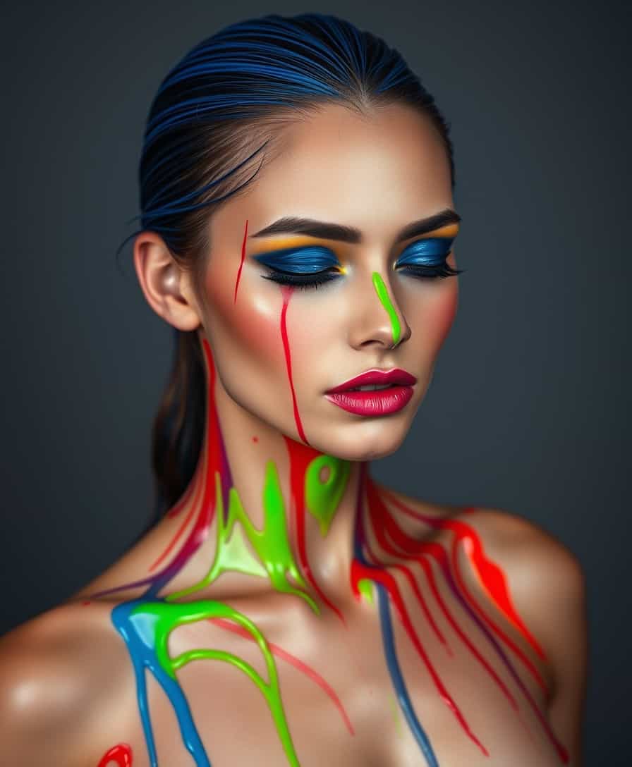 Vibrant PaintDripped Makeup on a Model