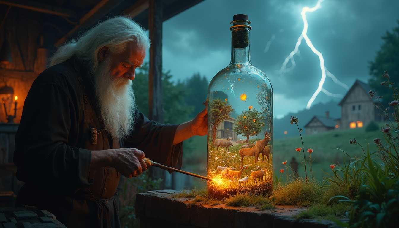 "wide shot", In a dimly lit workshop, a 60-year-old glassblower with long white hair and a beard resembling Odin expertly shapes a large glass bottle. blowpipe, he holds the blowpipe and blow a giant, bottle with a tiny world, blows gently, expanding the molten glass. a tiny, magical world begins to form inside the bottle. vvvv
4. Summer Meadow in a Thunderstorm
A vibrant meadow bursts with life under a dark stormy sky. The bottle captures the moment lightning strikes in the distance, illuminating the world in a flash of bright light. Wildflowers sway violently in the wind, while a herd of deer huddle near a tree, their eyes wide and alert. A lone shepherd in a cloak leads his sheep toward a distant barn, the warm glow of the building’s interior beckoning them to safety. The air feels thick with tension, as though something ancient and powerful is watching from the storm’s heart.