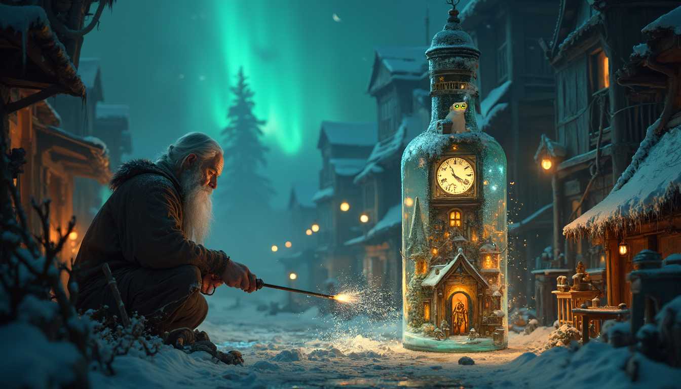 "wide shot", In a dimly lit workshop, a 60-year-old glassblower with long white hair and a beard resembling Odin expertly shapes a large glass bottle. blowpipe, he holds the blowpipe and blow a giant, bottle with a tiny world, blows gently, expanding the molten glass. a tiny, magical world begins to form inside the bottle.  Winter Night Market

In this bottle, a winter night market is bustling with life. Tiny wooden stalls, covered in fresh snow, line the cobblestone street. Lanterns hang above, their soft glow reflecting off the icy ground. Villagers wrapped in heavy cloaks browse the wares: glowing gemstones, enchanted herbs, and curious artifacts. At the center of the market stands a tall clock tower, its hands frozen at midnight. From its roof, a cat with luminous green eyes watches the crowd, as if waiting for something. Overhead, the Northern Lights dance in a wave of colors, casting an ethereal light over the entire scene.
