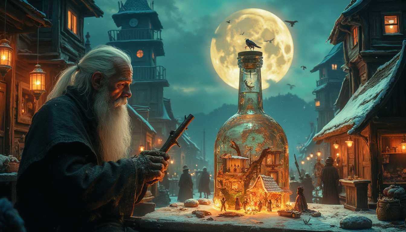 "wide shot", In a dimly lit workshop, a 60-year-old glassblower with long white hair and a beard resembling Odin expertly shapes a large glass bottle. blowpipe, he holds the blowpipe and blow a giant, bottle with a tiny world, blows gently, expanding the molten glass. a tiny, magical world begins to form inside the bottle.  Winter Night Market

In this bottle, a winter night market is bustling with life. Tiny wooden stalls, covered in fresh snow, line the cobblestone street. Lanterns hang above, their soft glow reflecting off the icy ground. Villagers wrapped in heavy cloaks browse the wares: glowing gemstones, enchanted herbs, and curious artifacts. At the center of the market stands a tall clock tower, its hands frozen at midnight. From its roof, a cat with luminous green eyes watches the crowd, as if waiting for something. Overhead, the Northern Lights dance in a wave of colors, casting an ethereal light over the entire scene. Autumn Harvest Festival

Inside this bottle, an autumn festival is in full swing in a mountain valley. The leaves of the trees are vibrant reds, oranges, and yellows, and a bonfire blazes at the heart of the village. Villagers dance around the fire, their laughter echoing in the crisp air. Long tables are set with baskets of apples, pumpkins, and freshly baked bread. Children chase after each other between the stalls, where glowing lanterns light up handmade crafts. Above, the stars twinkle brightly, and a massive harvest moon casts a golden glow over the scene. A raven sits atop a scarecrow, watching the festivities with interest.
