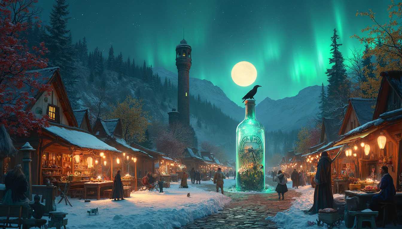 "wide shot", In a dimly lit workshop, a 60-year-old glassblower with long white hair and a beard resembling Odin expertly shapes a large glass bottle. blowpipe, he holds the blowpipe and blow a giant, bottle with a tiny world, blows gently, expanding the molten glass. a tiny, magical world begins to form inside the bottle.  Winter Night Market

In this bottle, a winter night market is bustling with life. Tiny wooden stalls, covered in fresh snow, line the cobblestone street. Lanterns hang above, their soft glow reflecting off the icy ground. Villagers wrapped in heavy cloaks browse the wares: glowing gemstones, enchanted herbs, and curious artifacts. At the center of the market stands a tall clock tower, its hands frozen at midnight. From its roof, a cat with luminous green eyes watches the crowd, as if waiting for something. Overhead, the Northern Lights dance in a wave of colors, casting an ethereal light over the entire scene. Autumn Harvest Festival

Inside this bottle, an autumn festival is in full swing in a mountain valley. The leaves of the trees are vibrant reds, oranges, and yellows, and a bonfire blazes at the heart of the village. Villagers dance around the fire, their laughter echoing in the crisp air. Long tables are set with baskets of apples, pumpkins, and freshly baked bread. Children chase after each other between the stalls, where glowing lanterns light up handmade crafts. Above, the stars twinkle brightly, and a massive harvest moon casts a golden glow over the scene. A raven sits atop a scarecrow, watching the festivities with interest.
