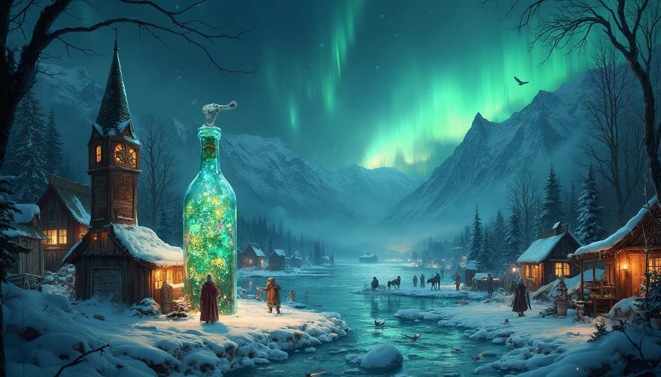 "wide shot", In a dimly lit workshop, a 60-year-old glassblower with long white hair and a beard resembling Odin expertly shapes a large glass bottle. blowpipe, he holds the blowpipe and blow a giant, bottle with a tiny world, blows gently, expanding the molten glass. a tiny, magical world begins to form inside the bottle.  Winter Night Market

In this bottle, a winter night market is bustling with life. Tiny wooden stalls, covered in fresh snow, line the cobblestone street. Lanterns hang above, their soft glow reflecting off the icy ground. Villagers wrapped in heavy cloaks browse the wares: glowing gemstones, enchanted herbs, and curious artifacts. At the center of the market stands a tall clock tower, its hands frozen at midnight. From its roof, a cat with luminous green eyes watches the crowd, as if waiting for something. Overhead, the Northern Lights dance in a wave of colors, casting an ethereal light over the entire scene. Frozen Lake and the Ice Castle

A vast frozen lake, surrounded by towering snow-covered peaks, stretches inside this bottle. In the middle of the lake, an elegant ice castle stands, its spires shimmering in the moonlight. The ice is so clear that tiny fish can be seen swimming beneath the surface, moving between glistening crystals. Ice skaters twirl gracefully on the lake, leaving intricate patterns on the ice. On the far shore, a pack of wolves watches quietly from the treeline, their breath visible in the cold air. A solitary figure walks toward the castle, lantern in hand, their path illuminated by the glowing ice beneath their feet.