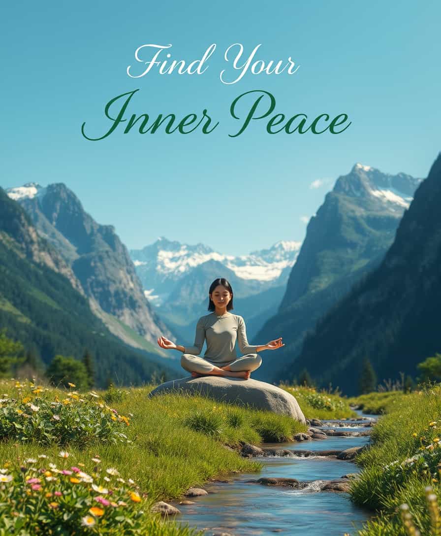 Thank you. :)

We can try this one:
Create a serene and tranquil image featuring a person meditating in a majestic mountain landscape. The person, of East Asian descent, is sitting cross-legged on a smooth, flat stone, surrounded by lush greenery and wildflowers. The backdrop showcases towering mountains with snow-capped peaks under a clear blue sky. In the foreground, a gentle stream flows softly, enhancing the peaceful ambiance. Above the scene, in elegant, flowing script, include the inspirational text 'Find Your Inner Peace Today'. The overall mood should convey calmness and introspection, encouraging a connection with nature.