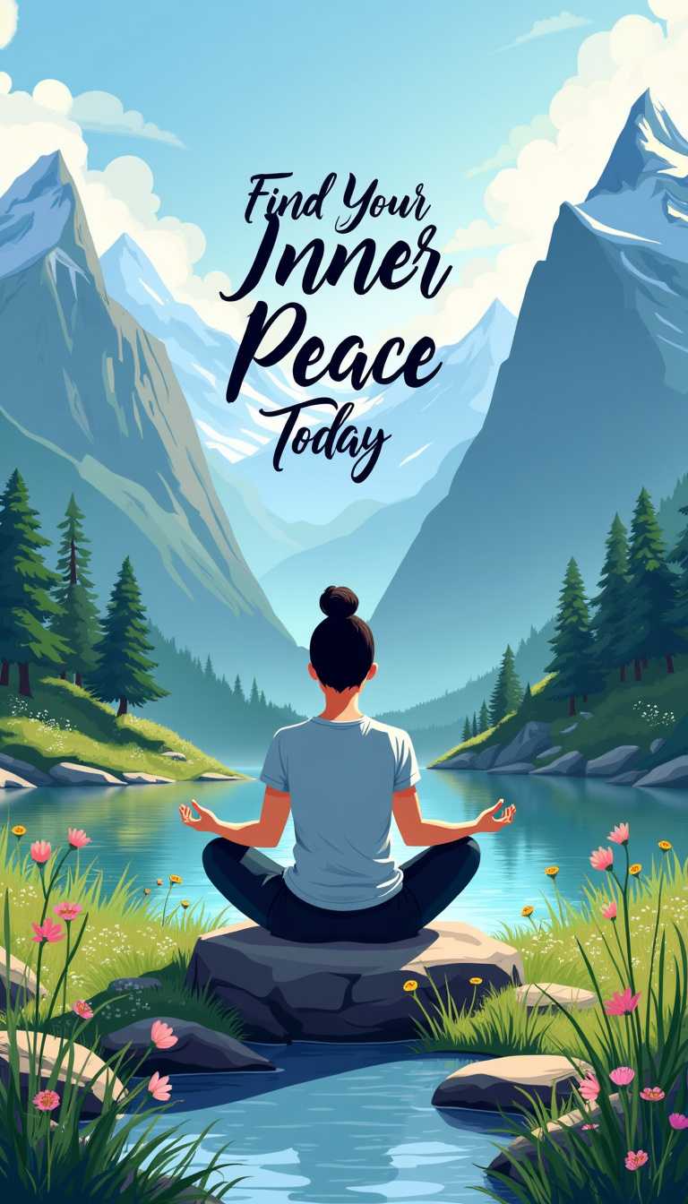 
Create a serene and tranquil image featuring a person meditating in a majestic mountain landscape. The person, of East Asian descent, is sitting cross-legged on a smooth, flat stone, surrounded by lush greenery and wildflowers. The backdrop showcases towering mountains with snow-capped peaks under a clear blue sky. In the foreground, a gentle stream flows softly, enhancing the peaceful ambiance. Above the scene, in elegant, flowing script, include the inspirational text 'Find Your Inner Peace Today'. The overall mood should convey calmness and introspection, encouraging a connection with nature.