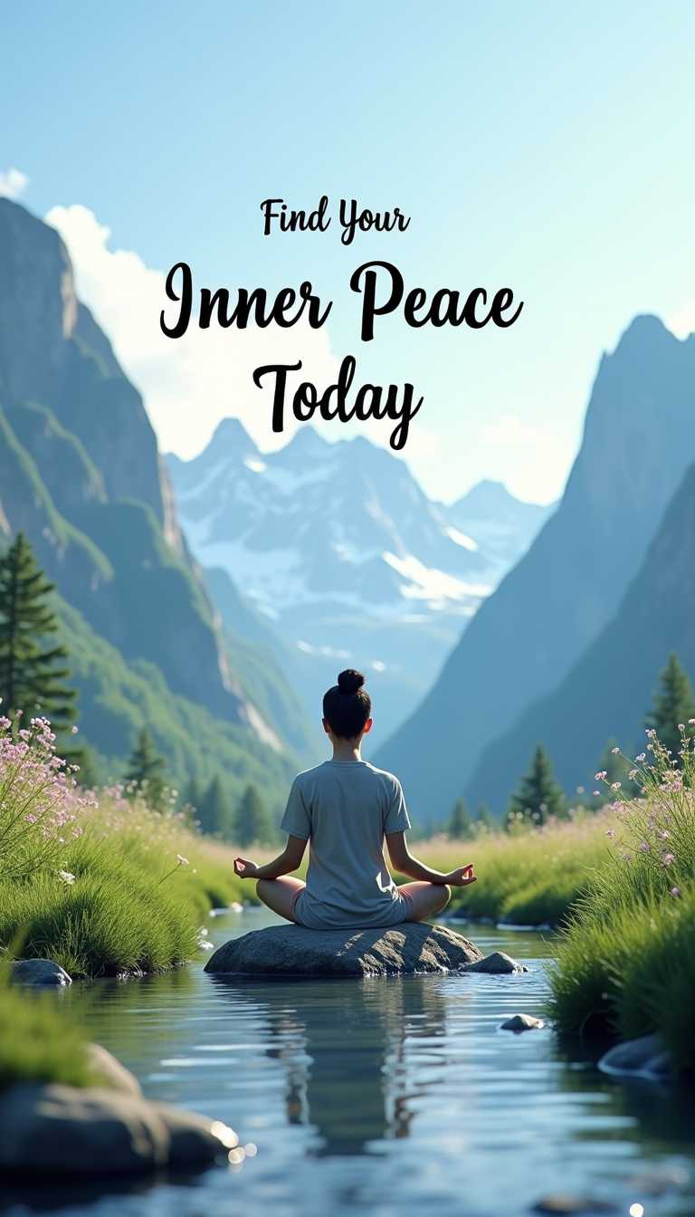 
Create a photo of a serene and tranquil image featuring a person meditating in a majestic mountain landscape. The person, of East Asian descent, is sitting cross-legged on a smooth, flat stone, surrounded by lush greenery and wildflowers. The backdrop showcases towering mountains with snow-capped peaks under a clear blue sky. In the foreground, a gentle stream flows softly, enhancing the peaceful ambiance. Above the scene, in elegant, flowing script, include the inspirational text 'Find Your Inner Peace Today'. The overall mood should convey calmness and introspection, encouraging a connection with nature.