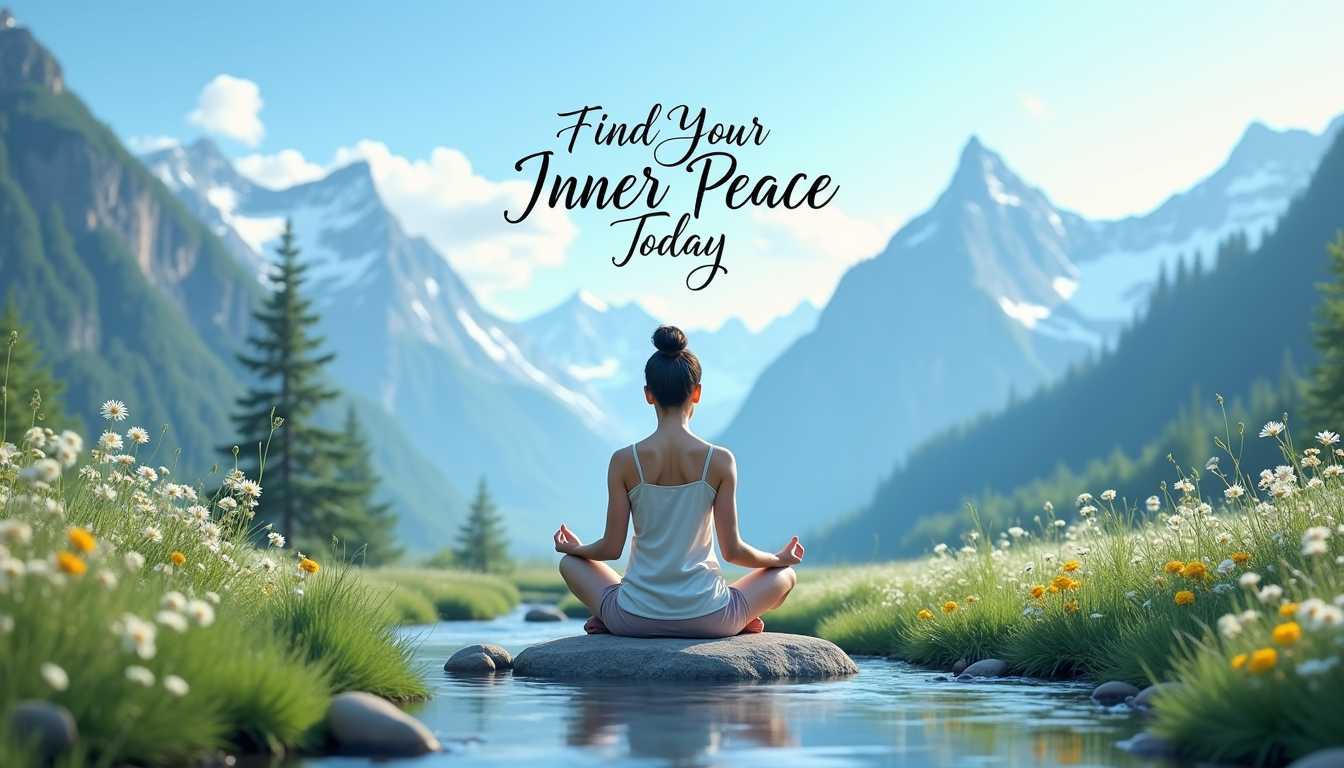 
Create a photo of a serene and tranquil image featuring a person meditating in a majestic mountain landscape. The person, of East Asian descent, is sitting cross-legged on a smooth, flat stone, surrounded by lush greenery and wildflowers. The backdrop showcases towering mountains with snow-capped peaks under a clear blue sky. In the foreground, a gentle stream flows softly, enhancing the peaceful ambiance. Above the scene, in elegant, flowing script, include the inspirational text 'Find Your Inner Peace Today'. The overall mood should convey calmness and introspection, encouraging a connection with nature.