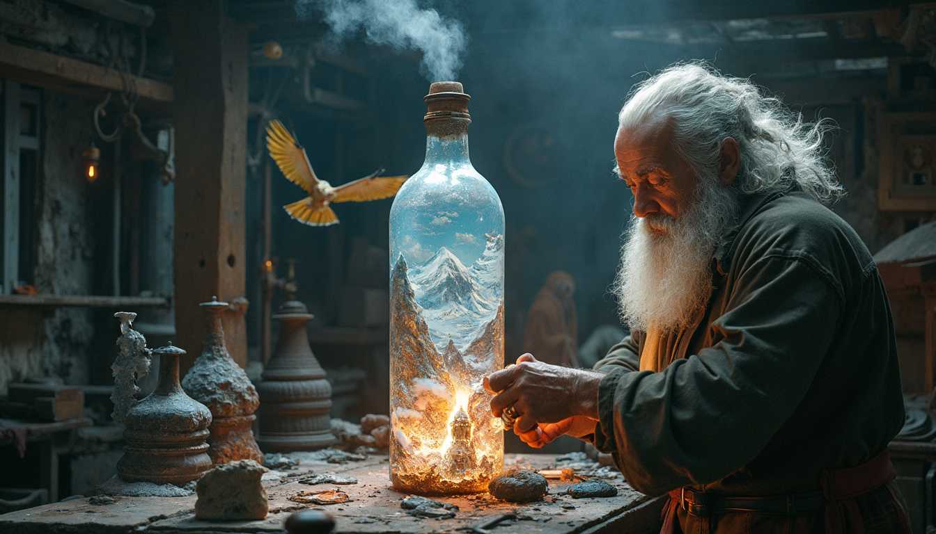 "wide shot", In a dimly lit workshop, a 60-year-old glassblower with long white hair and a beard resembling Odin expertly shapes a large glass bottle. blowpipe, he holds the blowpipe and blow a giant, bottle with a tiny world, blows gently, expanding the molten glass. a tiny, magical world begins to form inside the bottle.  Ancient Mountain Monastery

Inside this bottle, a secluded monastery clings to the side of a steep mountain, its stone walls weathered by centuries of snow and wind. Monks in simple robes walk silently along narrow paths, their heads bowed in quiet meditation. A narrow waterfall cascades down the mountain, the water freezing mid-air before shattering into a thousand tiny ice crystals. Prayer flags flutter in the wind, their vibrant colors standing out against the stark white snow. A golden eagle circles overhead, its cry piercing the serene atmosphere, as a single bell from the monastery’s tower echoes through the valley.