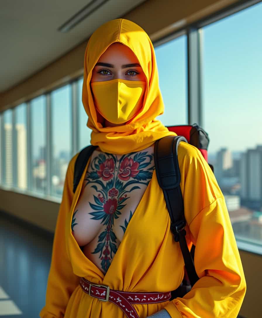 Vibrant Yellow Outfit with Intricate Floral Tattoo and Protective Mask