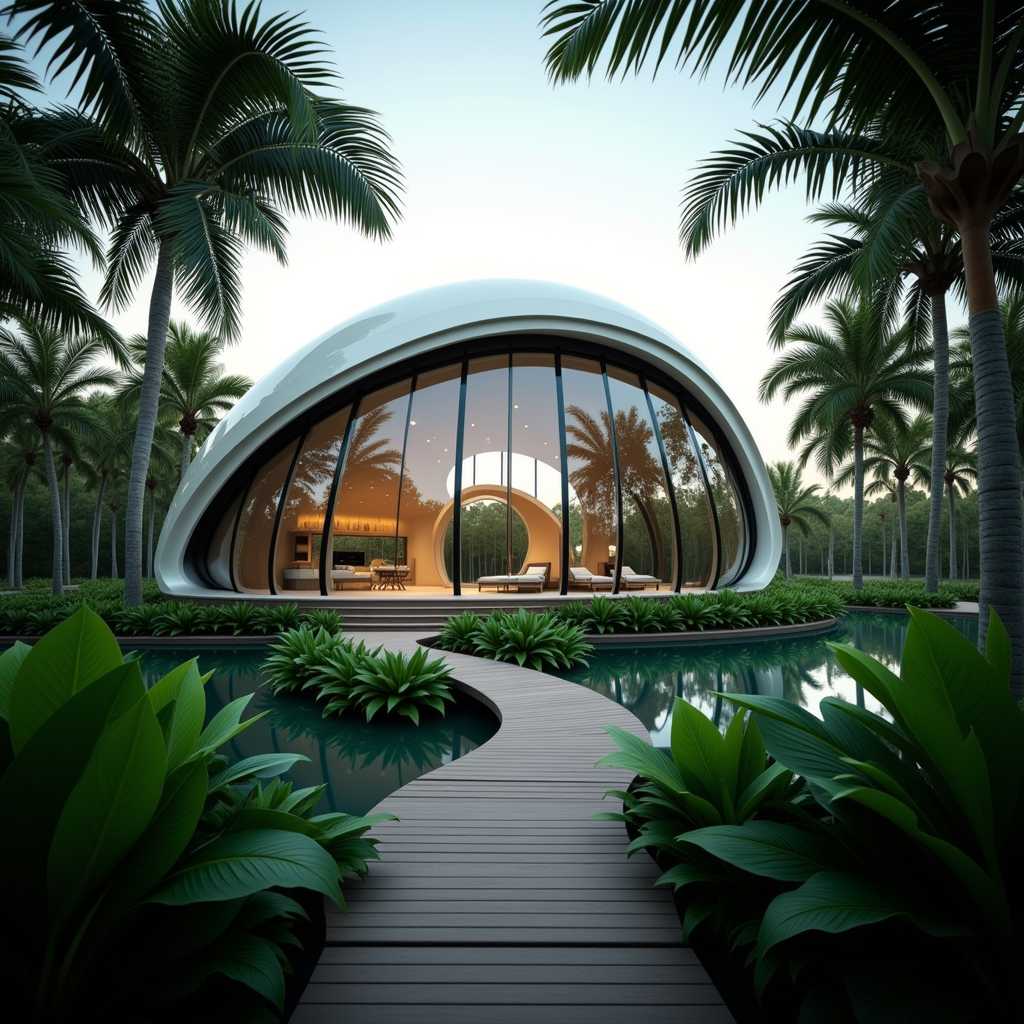 a striking visual of a contemporary dome-shaped residence surrounded by lush tropical foliage. Capture the interplay between the curved glass panels and the organic forms of the landscape. Set your professional camera to manual mode, f/4, ISO 400, and use a fish-eye lens to accentuate the unique geometry