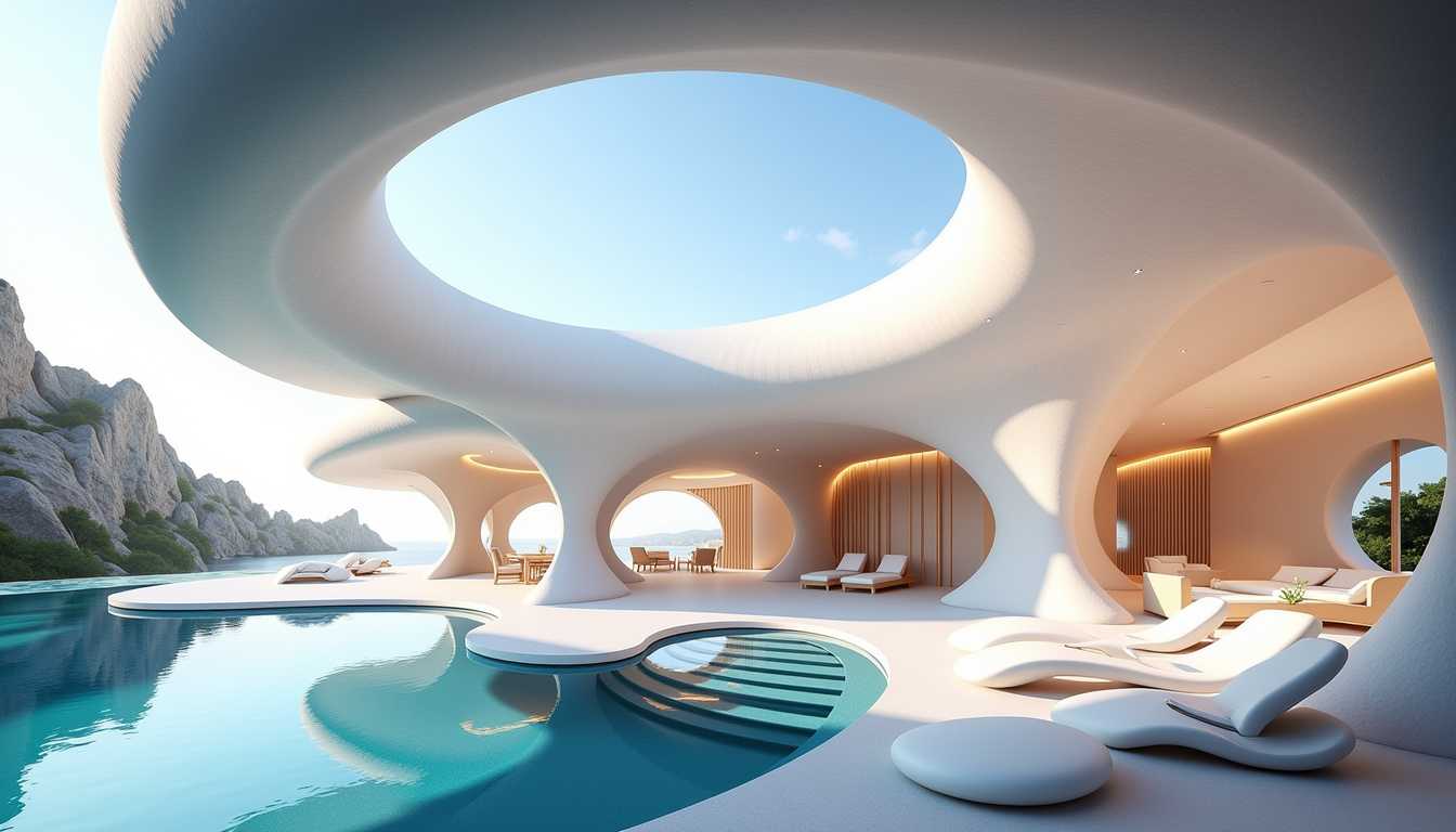 a beautiful architectural visualization of a futuristic Bio residence with a spiral-shaped exterior, resembling a seashell. Showcase the interplay of light and shadow on the curved surfaces, evoking a sense of tranquility and harmony. Set your professional camera to aperture priority mode, f/11, ISO 100, and use a fish-eye lens for a unique perspective