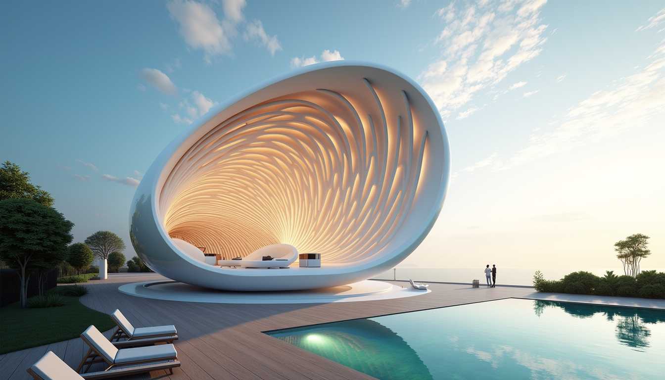 a beautiful architectural visualization of a futuristic Bio residence with a spiral-shaped exterior, resembling a seashell. Showcase the interplay of light and shadow on the curved surfaces, evoking a sense of tranquility and harmony. Set your professional camera to aperture priority mode, f/11, ISO 100, and use a fish-eye lens for a unique perspective