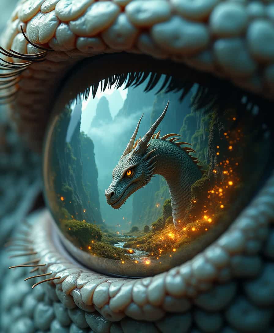 bo-exposure, A hyperrealistic close-up of a dragon's eye, featuring intricate scales with a glossy, textured surface resembling polished leather. Within the eye, a dramatic and mystical landscape is visible, showcasing a majestic dragon's face emerging from a misty forest. The background features jagged mountains shrouded in fog, illuminated by ethereal blue-green light and tiny glowing particles that mimic fireflies. The dragon's fur is fluffy and pale, contrasting with its dark, piercing amber eyes that exude wisdom and power. The overall color palette combines rich greens, deep blues, and warm golds, creating a sense of mystique and fantasy. The scene captures an enchanting blend of realism and fantasy elements, inviting viewers into an otherworldly realm.  bo-exposure, double exposure,