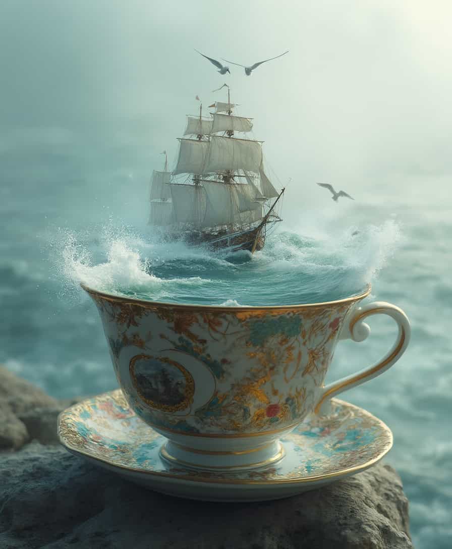 bo-exposure, A surreal scene featuring a large, ornate porcelain cup, intricately decorated with landscapes. Within the cup, turbulent ocean waves crash, and a majestic tall ship navigates through the water, creating splashes. The setting is dreamlike with a misty backdrop, soft light filtering through, enhancing the ethereal quality. The color palette features deep blues and greens of the ocean, contrasting with the shiny gold and delicate patterns of the cup. Seagulls can be seen flying in the background, adding life to the scene. The overall aesthetic is hyperrealistic, blending elements of fantasy and whimsy.  bo-exposure, double exposure,