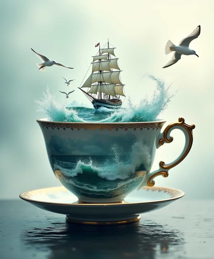 bo-exposure, A surreal scene featuring a large, ornate porcelain cup, intricately decorated with landscapes. Within the cup, turbulent ocean waves crash, and a majestic tall ship navigates through the water, creating splashes. The setting is dreamlike with a misty backdrop, soft light filtering through, enhancing the ethereal quality. The color palette features deep blues and greens of the ocean, contrasting with the shiny gold and delicate patterns of the cup. Seagulls can be seen flying in the background, adding life to the scene. The overall aesthetic is hyperrealistic, blending elements of fantasy and whimsy.  bo-exposure, double exposure,