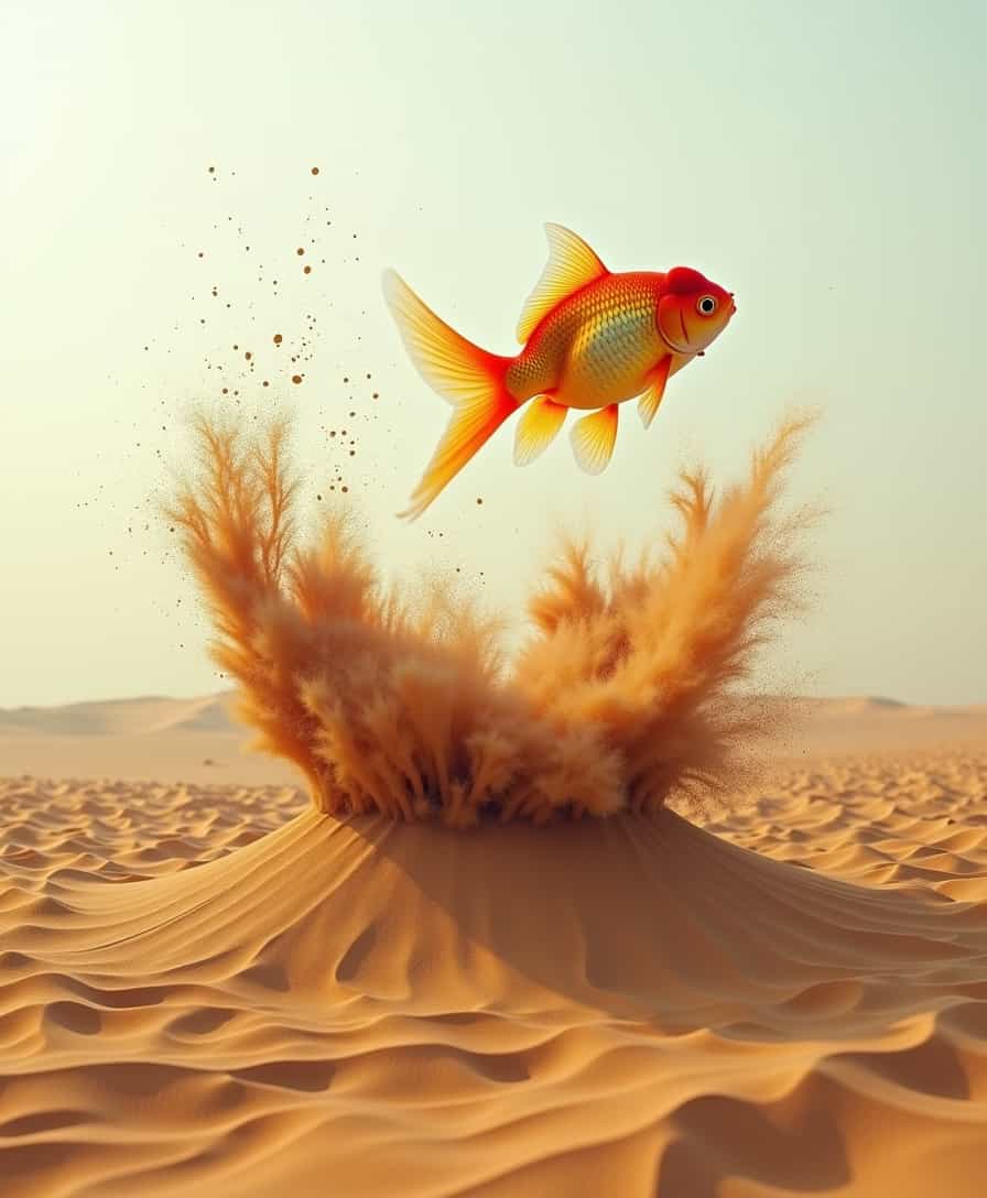 bo-exposure, bo-exposure, Desert sands swirl as goldfish swim through floating islands, gravity lost in a surreal expanse, double exposure, bo-exposure, arid oceans, aquatic desert, a clash of realms